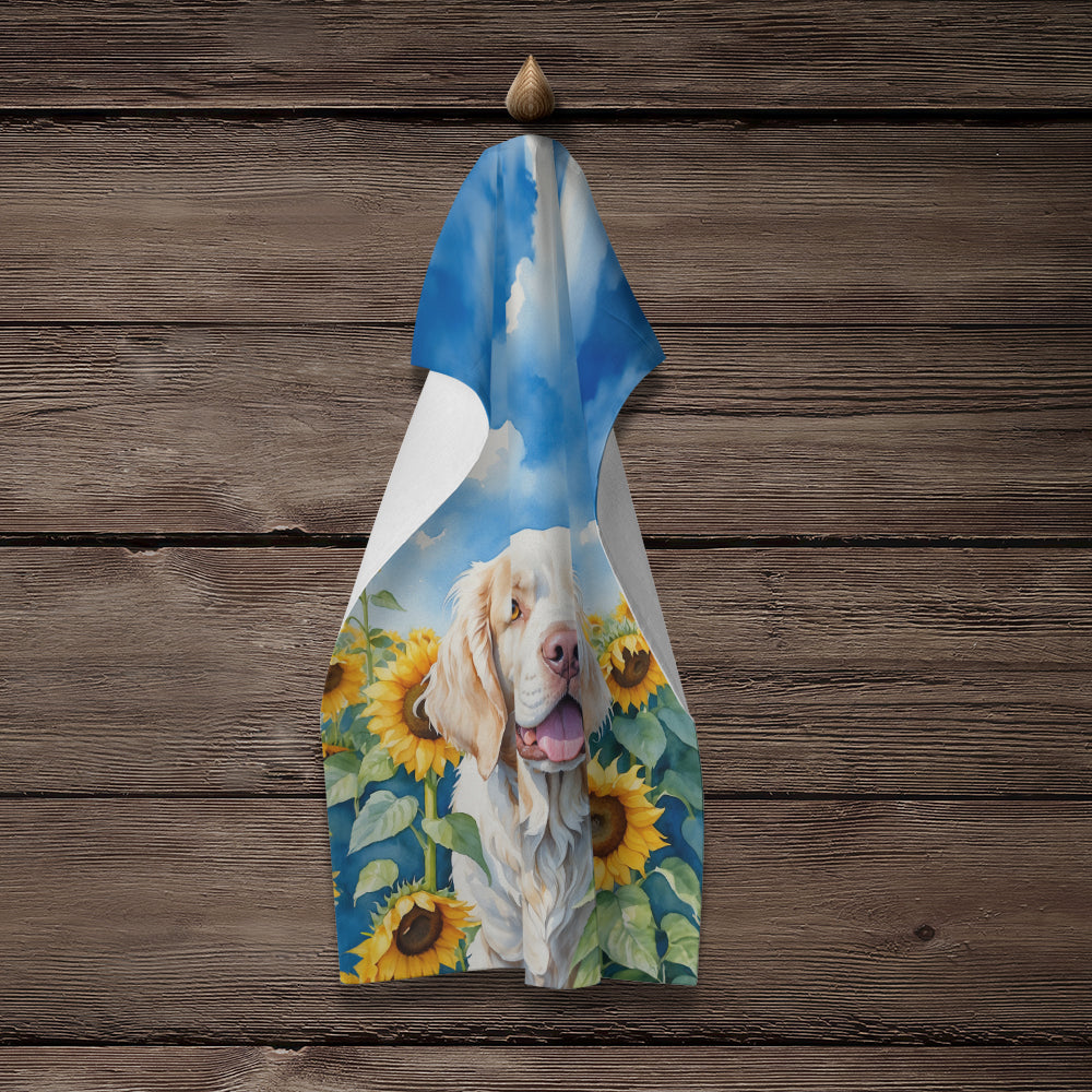 Clumber Spaniel in Sunflowers Kitchen Towel Velour Plush Front and Cotton Loop Back Machine Washable