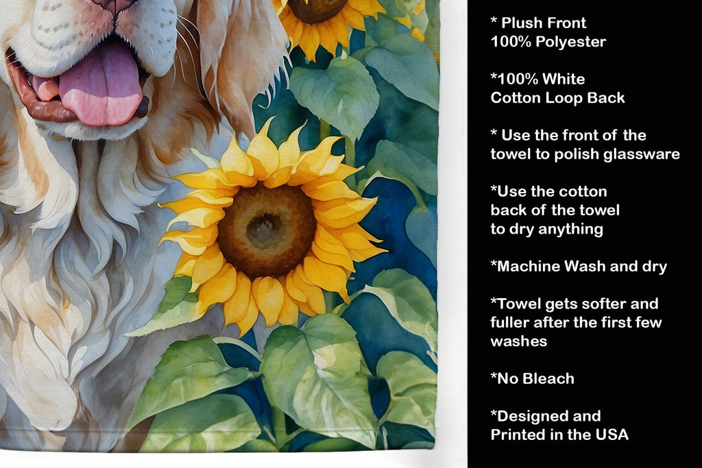 Clumber Spaniel in Sunflowers Kitchen Towel Velour Plush Front and Cotton Loop Back Machine Washable