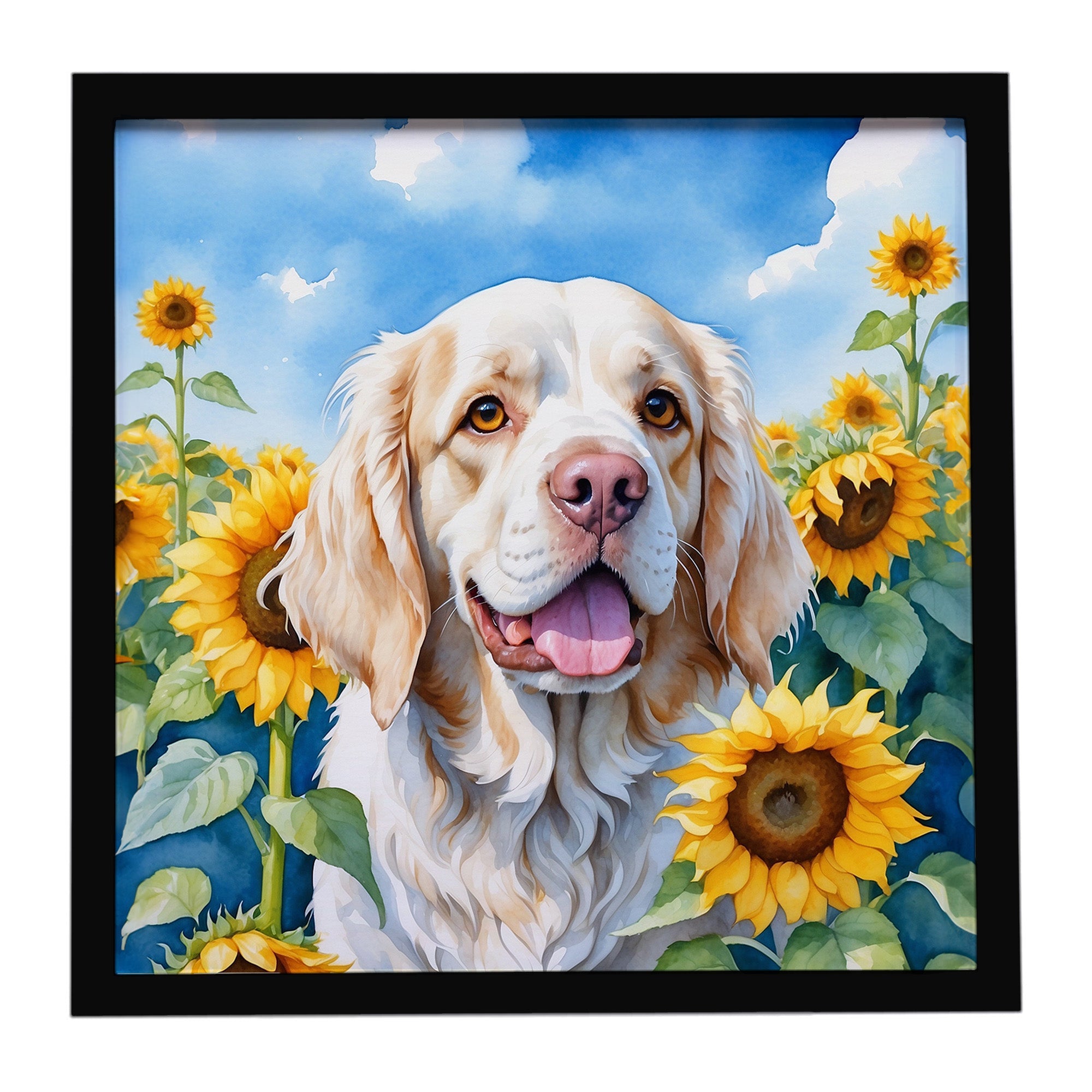 Clumber Spaniel in Sunflowers Framed Metal Print Bathroom, Kitchen, Office, Home Decor Wall Art Ready to Hang, Square, 8X8