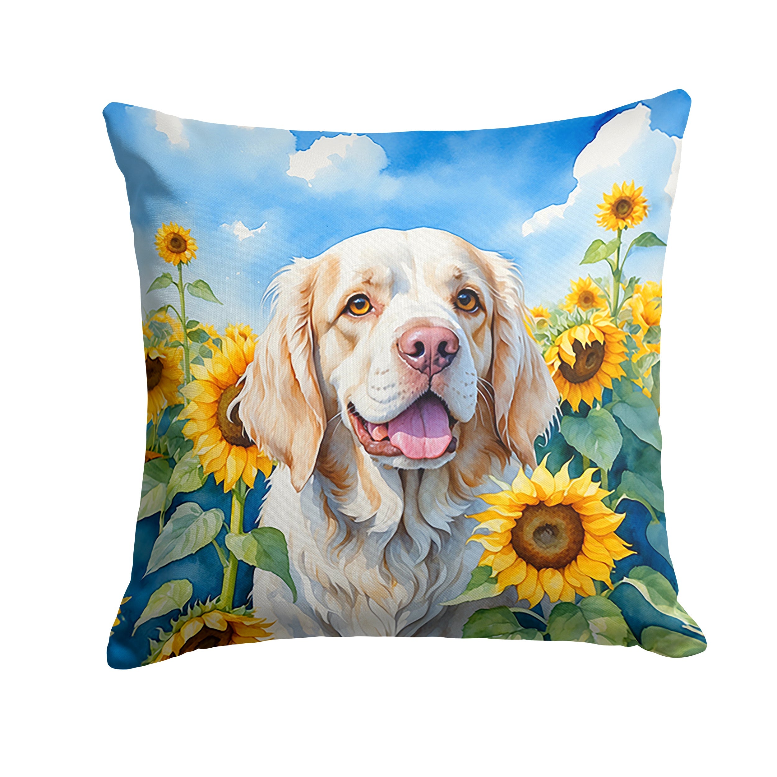Clumber Spaniel in Sunflowers Decorative Throw Pillow 14x14 Indoor Outdoor Accent Cushion, Fabric Cover with Insert for Sofa, Bed, Porch & Living Room