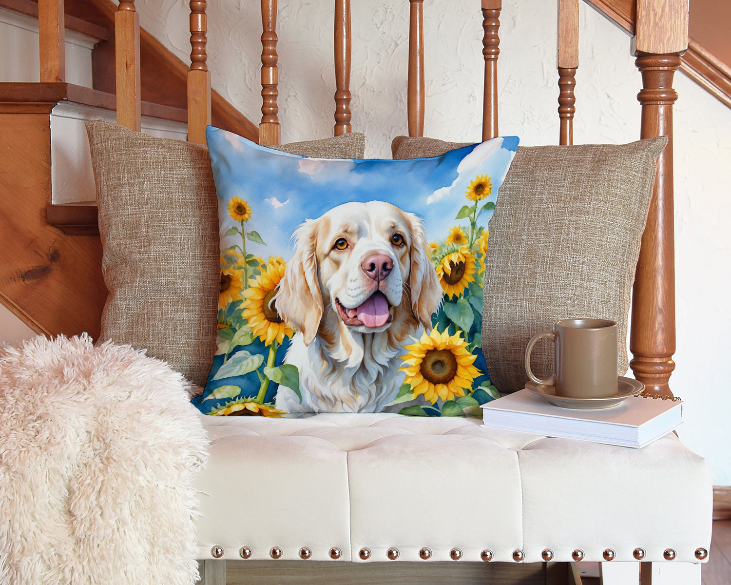 Clumber Spaniel in Sunflowers Decorative Throw Pillow 14x14 Indoor Outdoor Accent Cushion, Fabric Cover with Insert for Sofa, Bed, Porch & Living Room