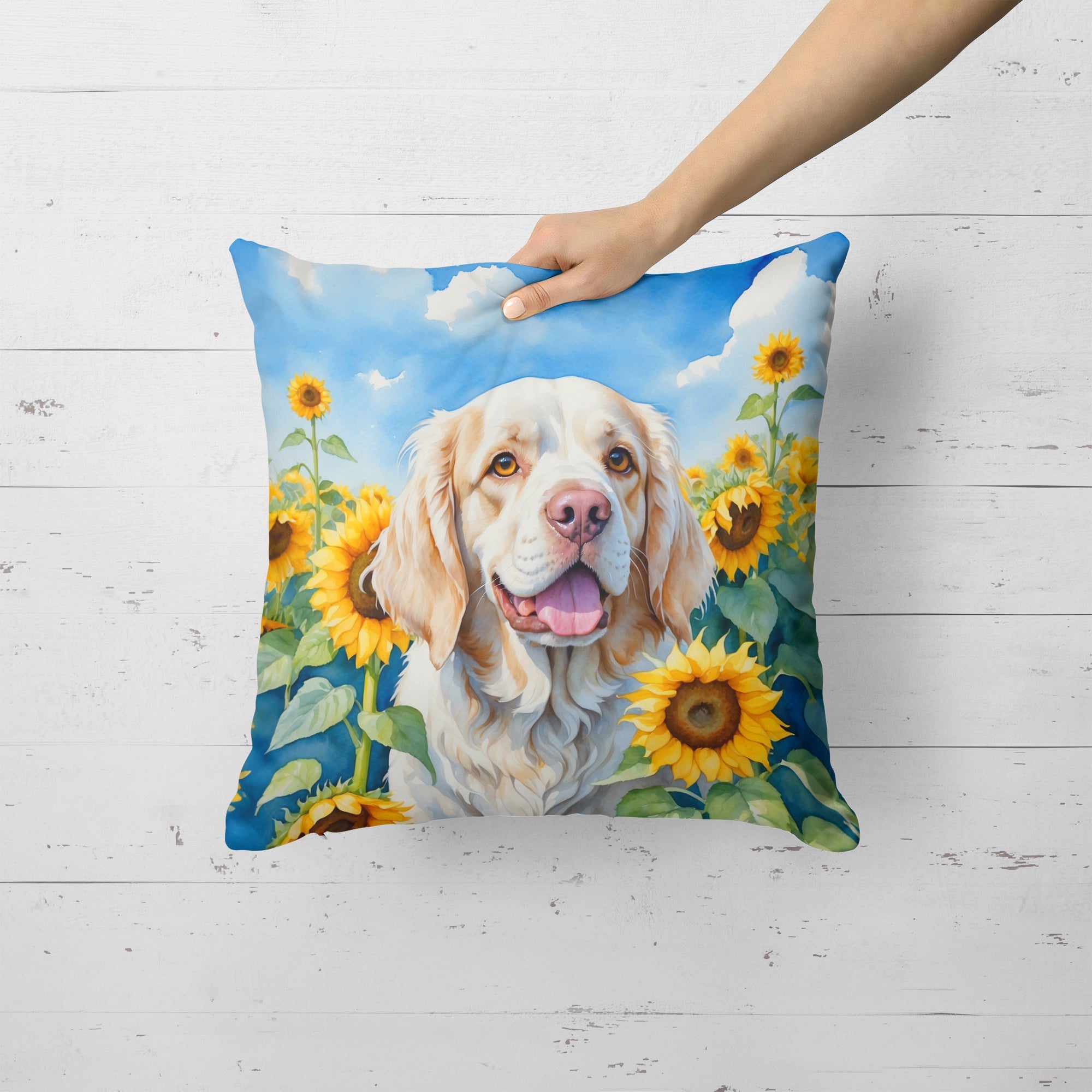Clumber Spaniel in Sunflowers Decorative Throw Pillow 18x18 Indoor Outdoor Accent Cushion, Fabric Cover with Insert for Sofa, Bed, Porch & Living Room