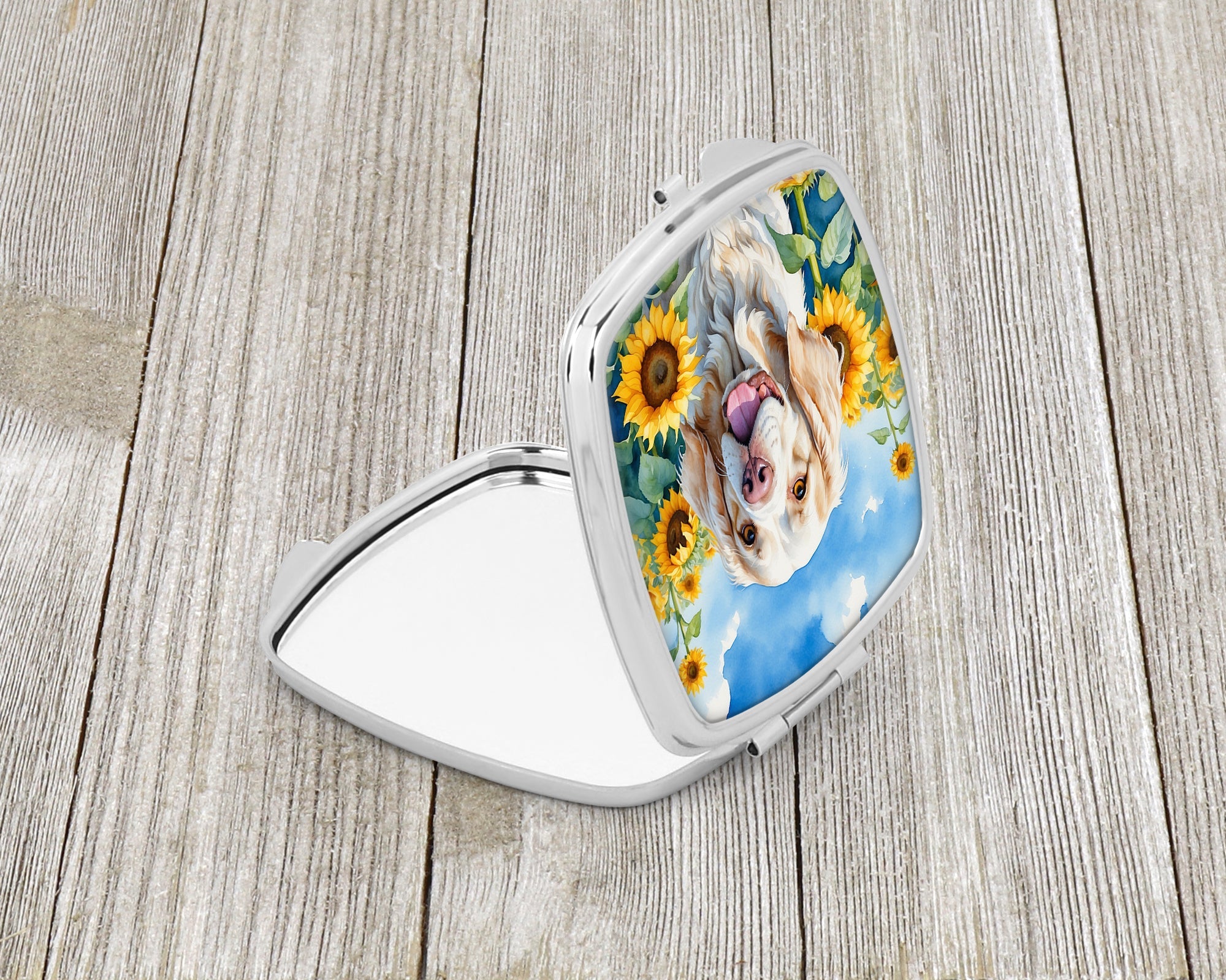 Clumber Spaniel in Sunflowers Compact Mirror Decorative Travel Makeup Mirror for Women Girls Gifts Pocket Makeup Mirror Folding Handheld