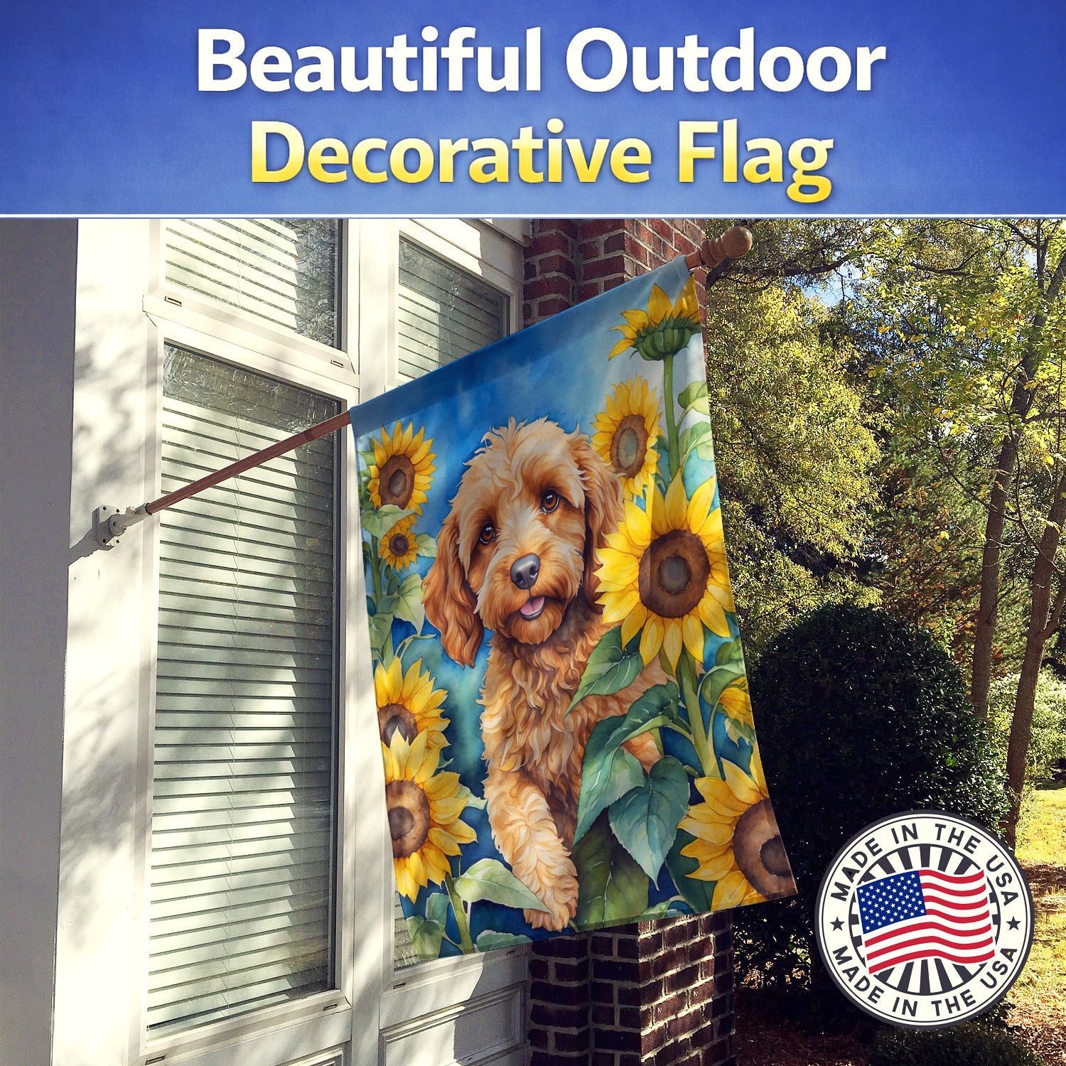 Cockapoo in Sunflowers House Flag 28x40 Porch Sleeve Pole Decorative Outside Yard Banner Artwork Wall Hanging, Polyester