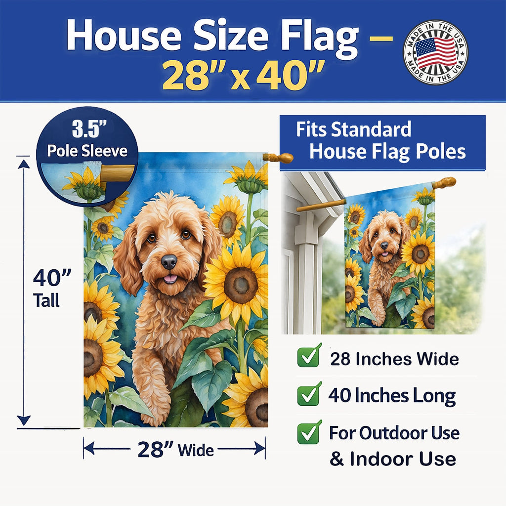 Cockapoo in Sunflowers House Flag 28x40 Porch Sleeve Pole Decorative Outside Yard Banner Artwork Wall Hanging, Polyester