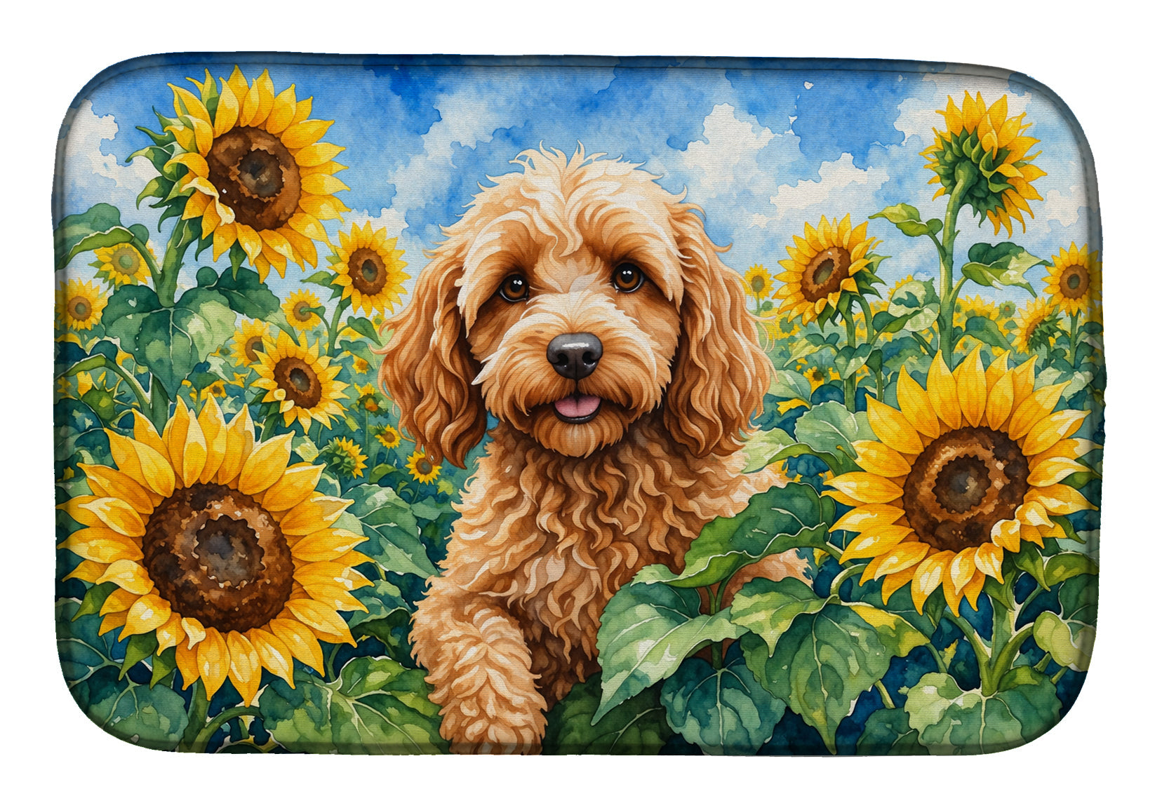 Cockapoo in Sunflowers Dish Drying Mat Absorbent Dish Drying Mat Pad for Kitchen Counter Dish Drainer Mat for Countertop, 14 x 21", Multicolor