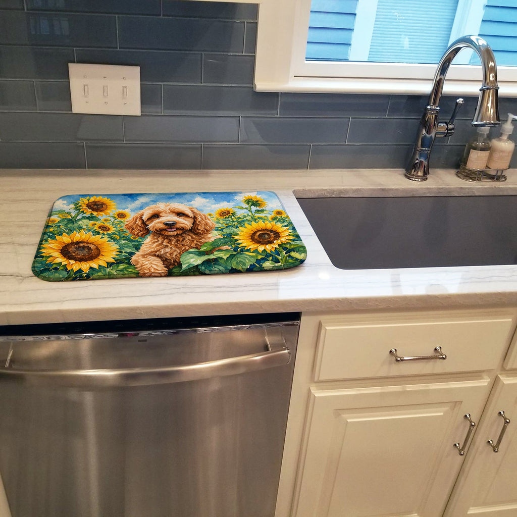 Cockapoo in Sunflowers Dish Drying Mat Absorbent Dish Drying Mat Pad for Kitchen Counter Dish Drainer Mat for Countertop, 14 x 21", Multicolor