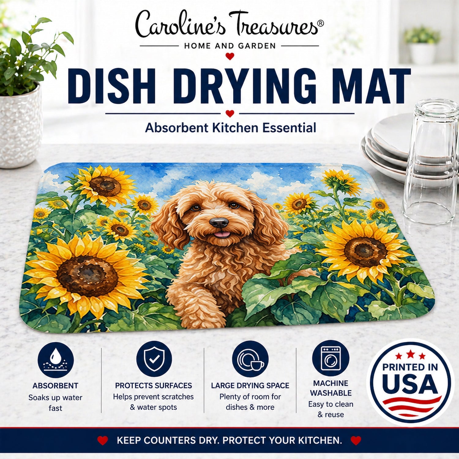 Cockapoo in Sunflowers Dish Drying Mat Absorbent Dish Drying Mat Pad for Kitchen Counter Dish Drainer Mat for Countertop, 14 x 21", Multicolor