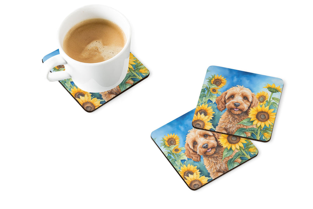 Cockapoo in Sunflowers Foam Coasters Set of 4 Cup Coasters for Indoor Outdoor, Tabletop Protection, Anti Slip, Mouse pad Material