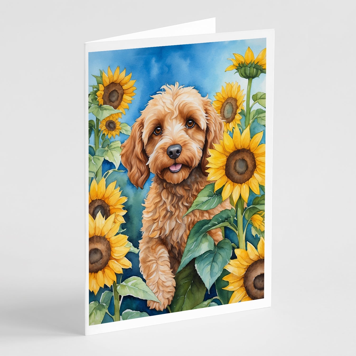 Cockapoo in Sunflowers Greeting Cards Pack of 8 Blank Cards with Envelopes Whimsical A7 Size 5x7