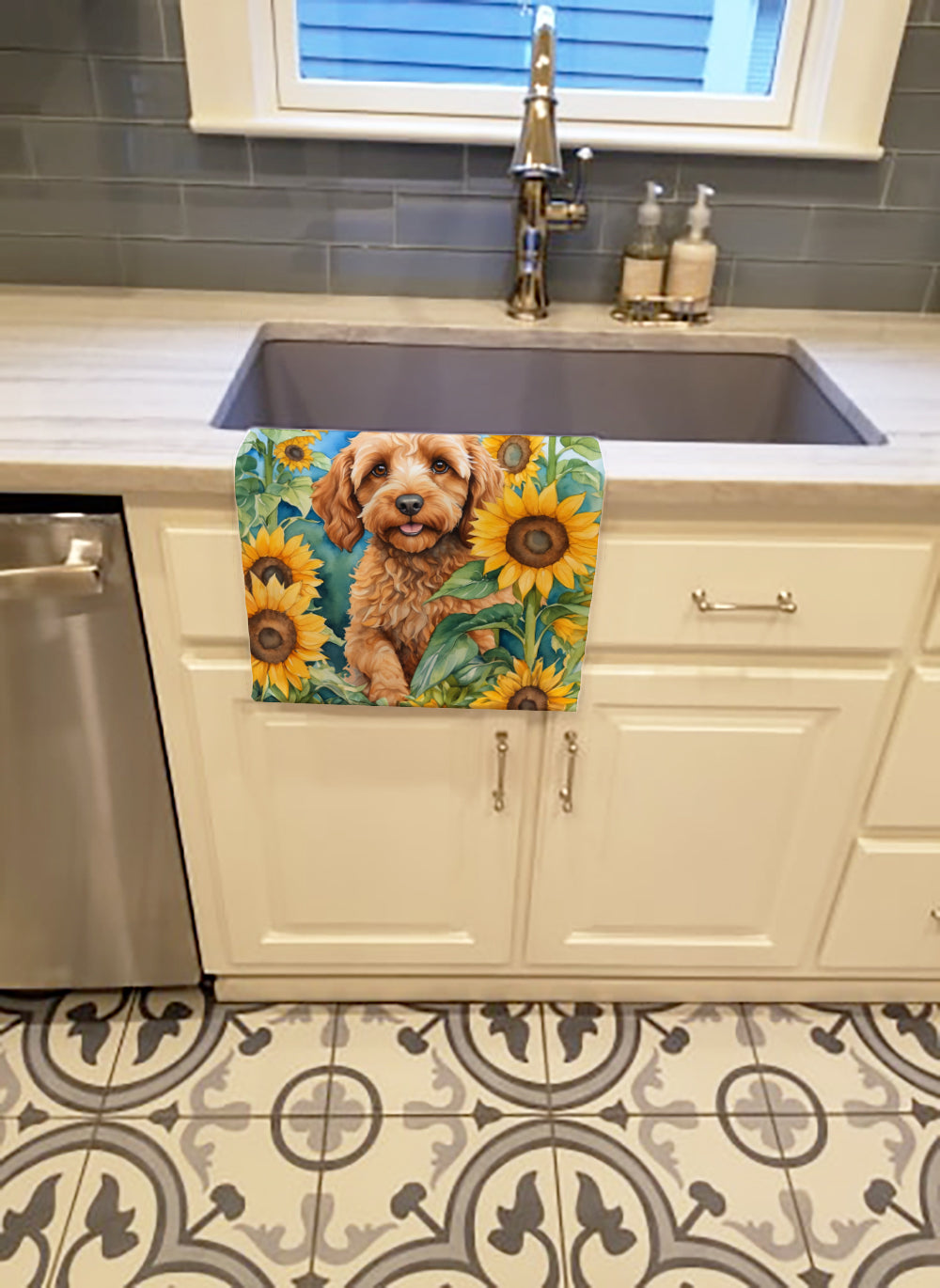 Cockapoo in Sunflowers Kitchen Towel Velour Plush Front and Cotton Loop Back Machine Washable