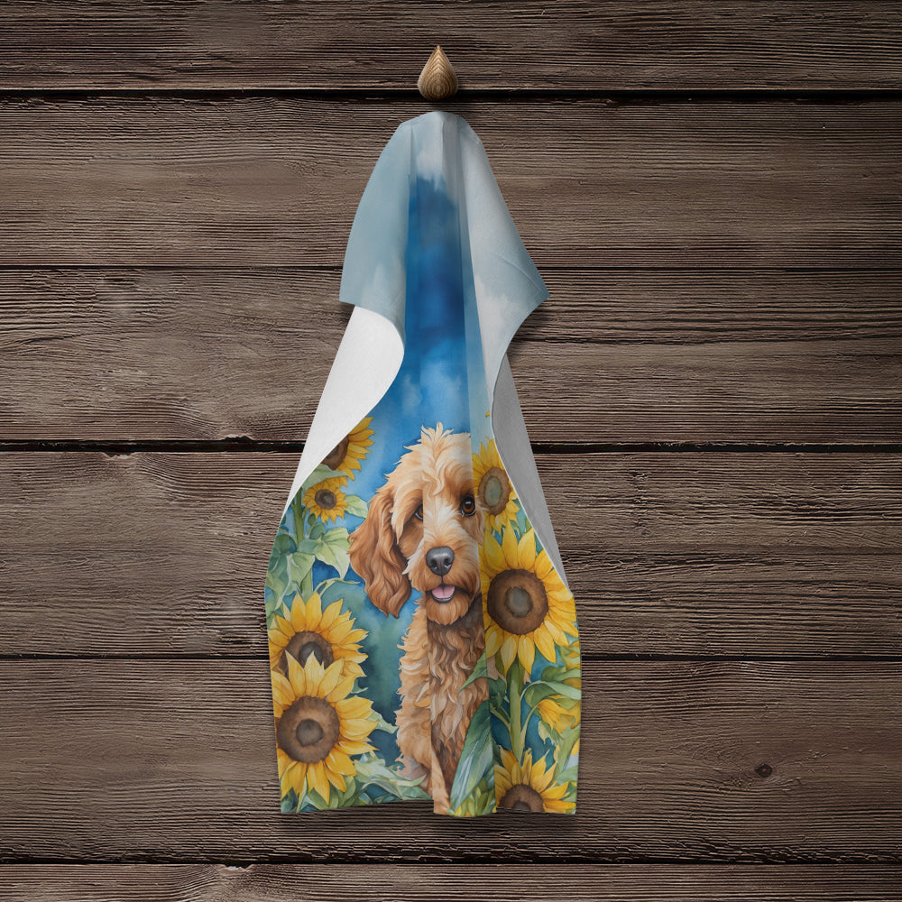 Cockapoo in Sunflowers Kitchen Towel Velour Plush Front and Cotton Loop Back Machine Washable