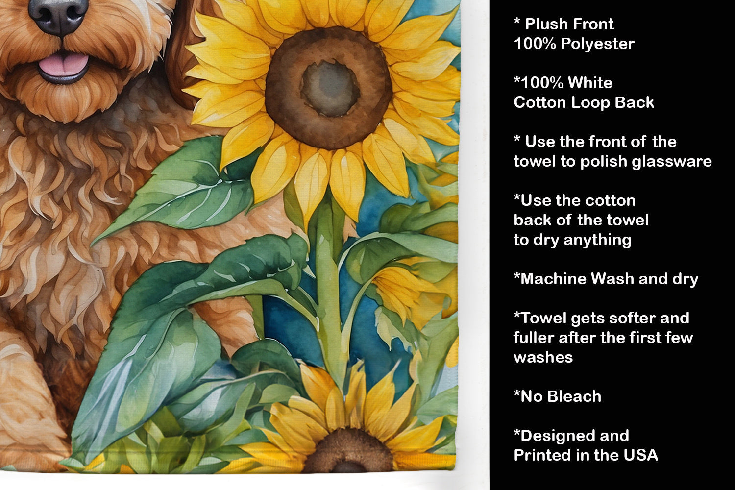 Cockapoo in Sunflowers Kitchen Towel Velour Plush Front and Cotton Loop Back Machine Washable
