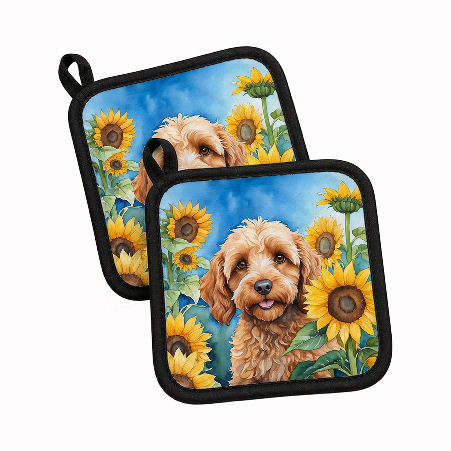 Cockapoo in Sunflowers Pot Holder Set of 2 Heat Resistant Quilted Hot Pads 7.5 x 7.5 Inch, Insulated Kitchen Trivets for Cooking & Baking