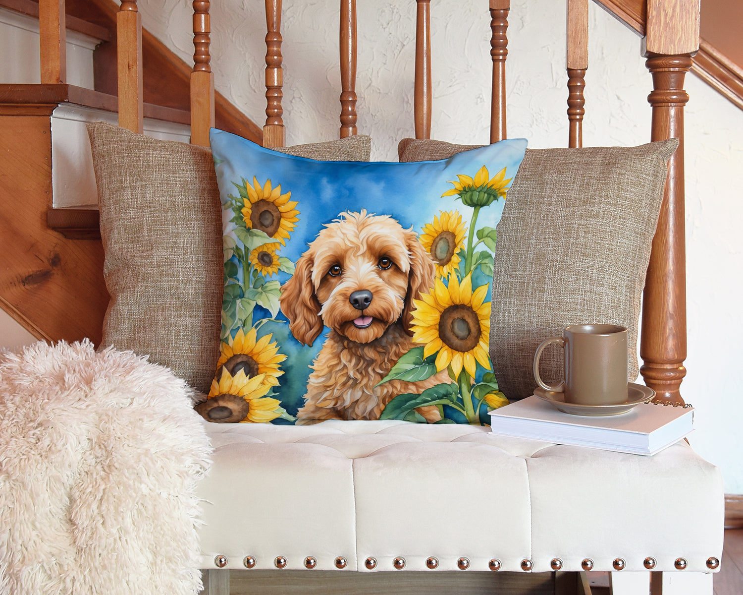 Cockapoo in Sunflowers Decorative Throw Pillow 14x14 Indoor Outdoor Accent Cushion, Fabric Cover with Insert for Sofa, Bed, Porch & Living Room