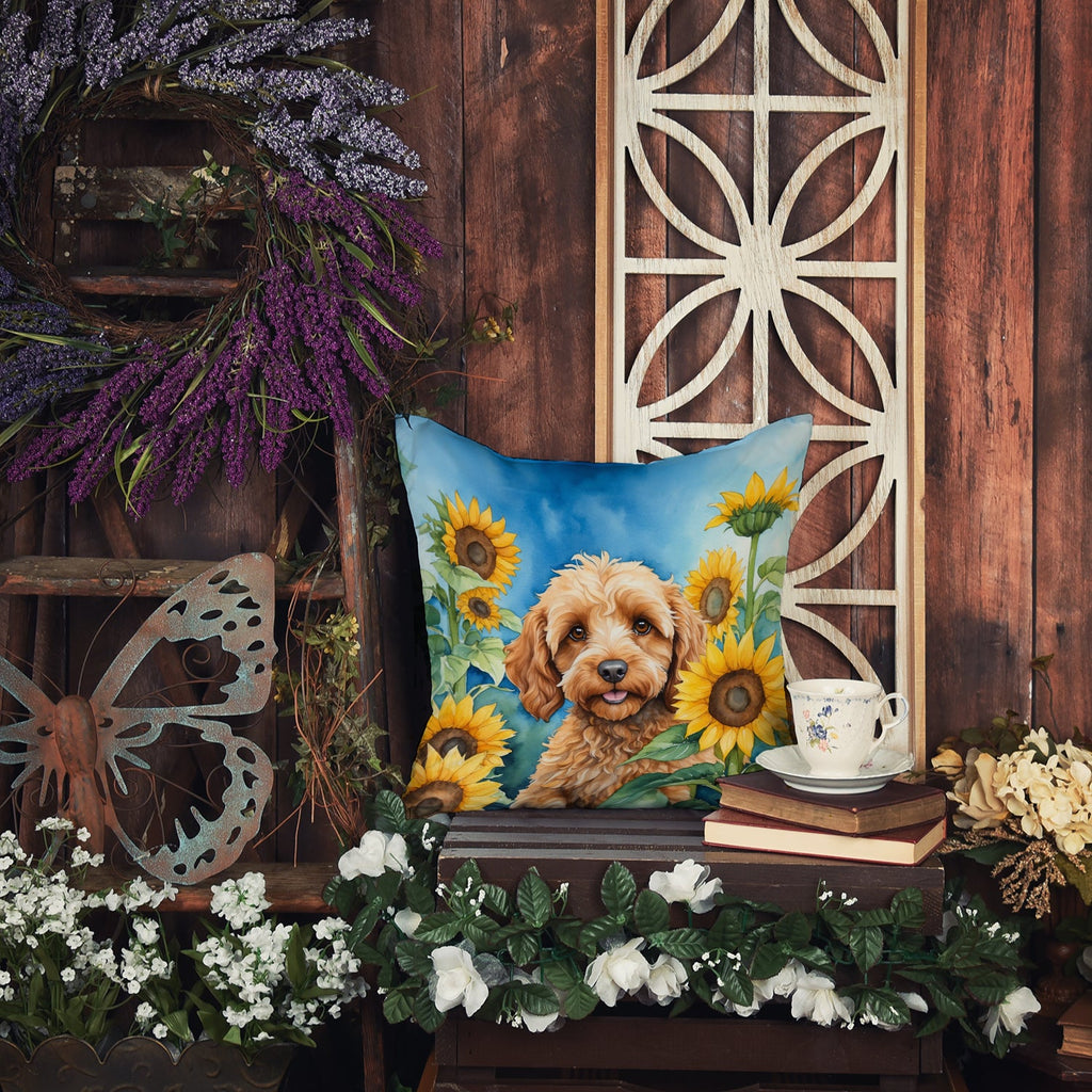 Cockapoo in Sunflowers Decorative Throw Pillow 14x14 Indoor Outdoor Accent Cushion, Fabric Cover with Insert for Sofa, Bed, Porch & Living Room