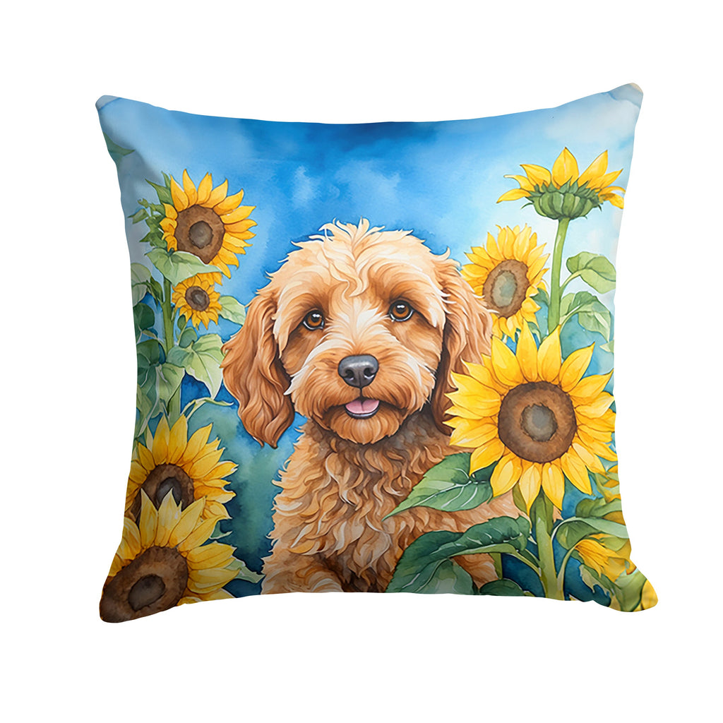 Cockapoo in Sunflowers Decorative Throw Pillow 18x18 Indoor Outdoor Accent Cushion, Fabric Cover with Insert for Sofa, Bed, Porch & Living Room