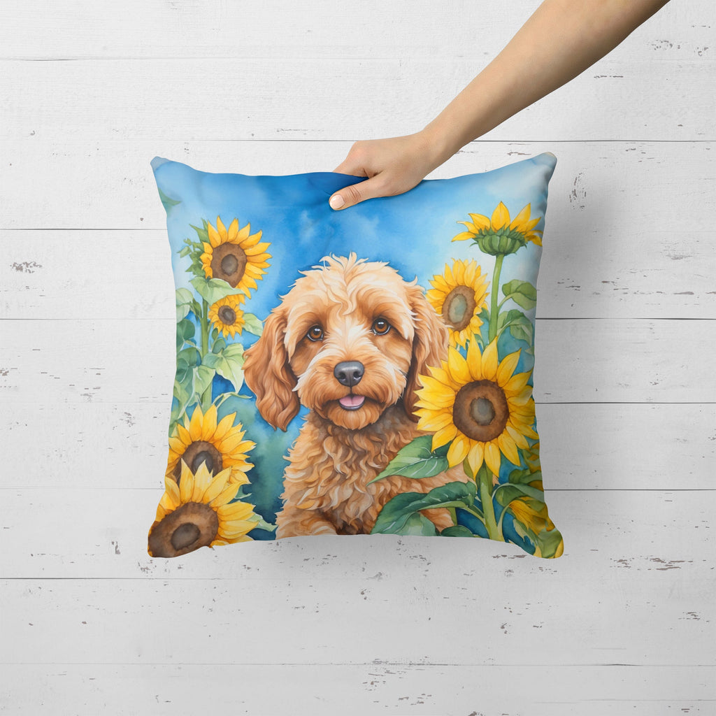 Cockapoo in Sunflowers Decorative Throw Pillow 18x18 Indoor Outdoor Accent Cushion, Fabric Cover with Insert for Sofa, Bed, Porch & Living Room
