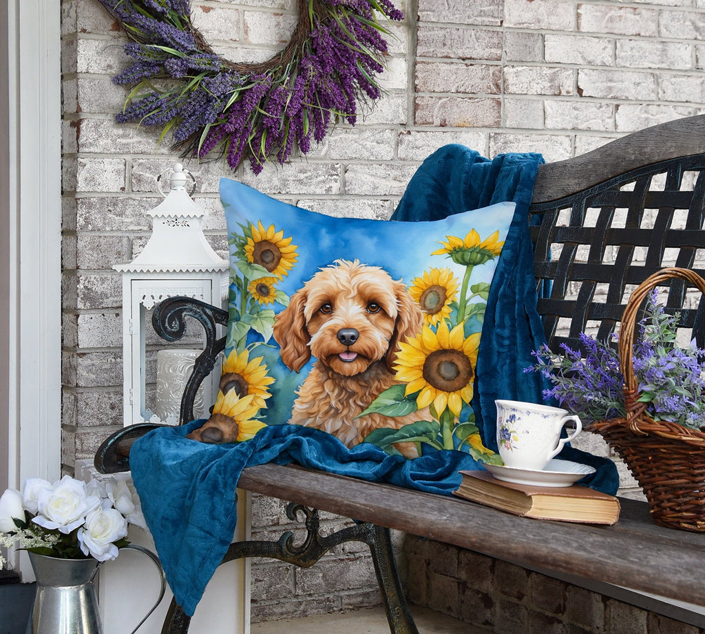 Cockapoo in Sunflowers Decorative Throw Pillow 18x18 Indoor Outdoor Accent Cushion, Fabric Cover with Insert for Sofa, Bed, Porch & Living Room