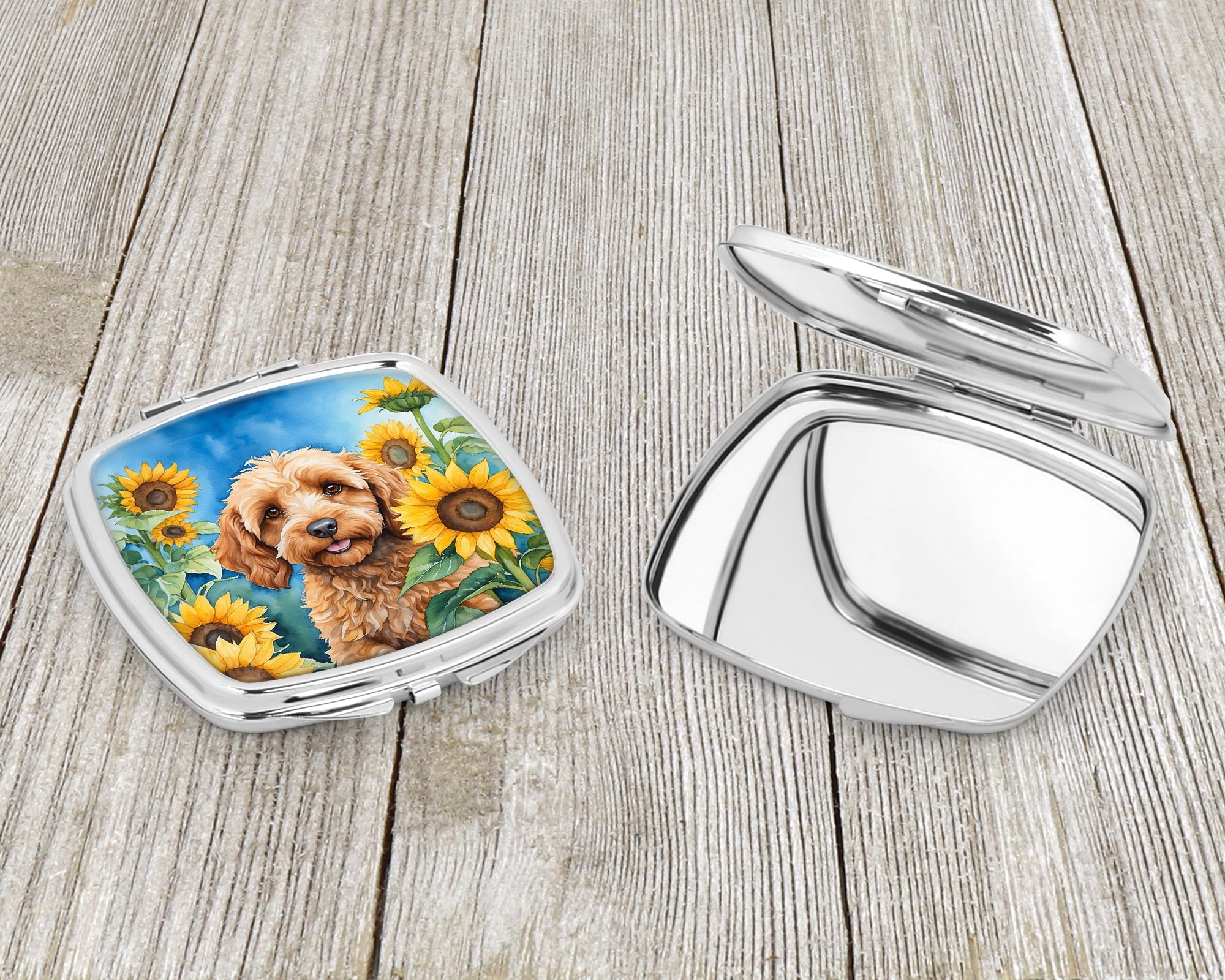 Cockapoo in Sunflowers Compact Mirror Decorative Travel Makeup Mirror for Women Girls Gifts Pocket Makeup Mirror Folding Handheld