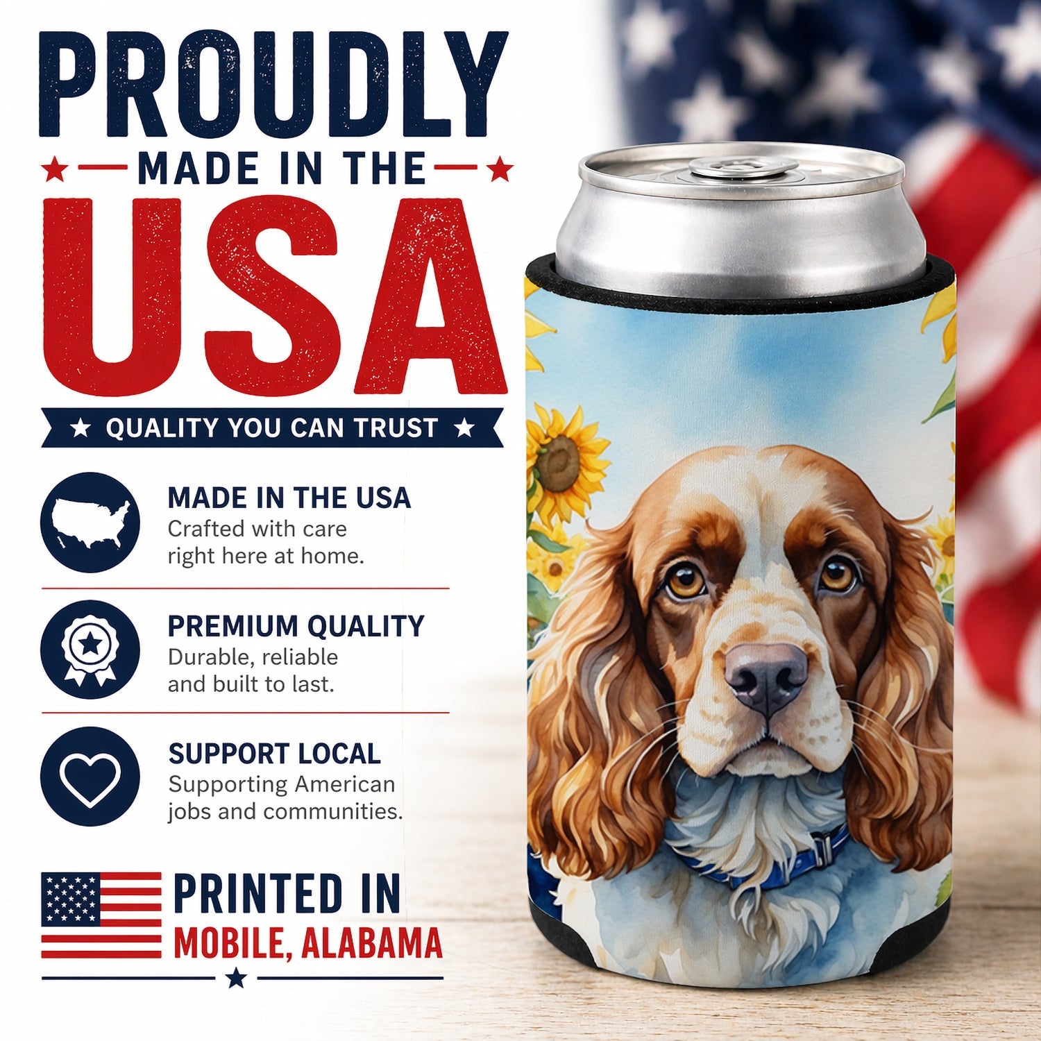 Cocker Spaniel in Sunflowers Can or Bottle Hugger Cooler Sleeve for Standard 12 oz Cans, Insulated Foam Beer & Soda Can Hugger Reusable