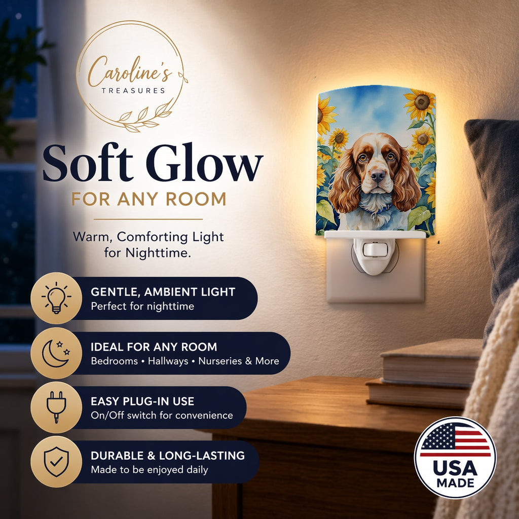 Cocker Spaniel in Sunflowers Ceramic Night Light Compact, UL-Certified, Ideal for Bedroom, Bathroom, Nursery, Hallway, Kitchen, 6x4x3, Multicolor