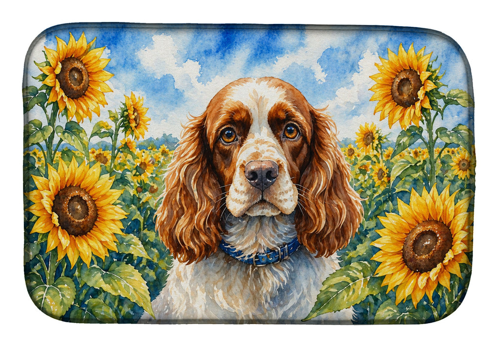 Cocker Spaniel in Sunflowers Dish Drying Mat Absorbent Dish Drying Mat Pad for Kitchen Counter Dish Drainer Mat for Countertop, 14 x 21", Multicolor
