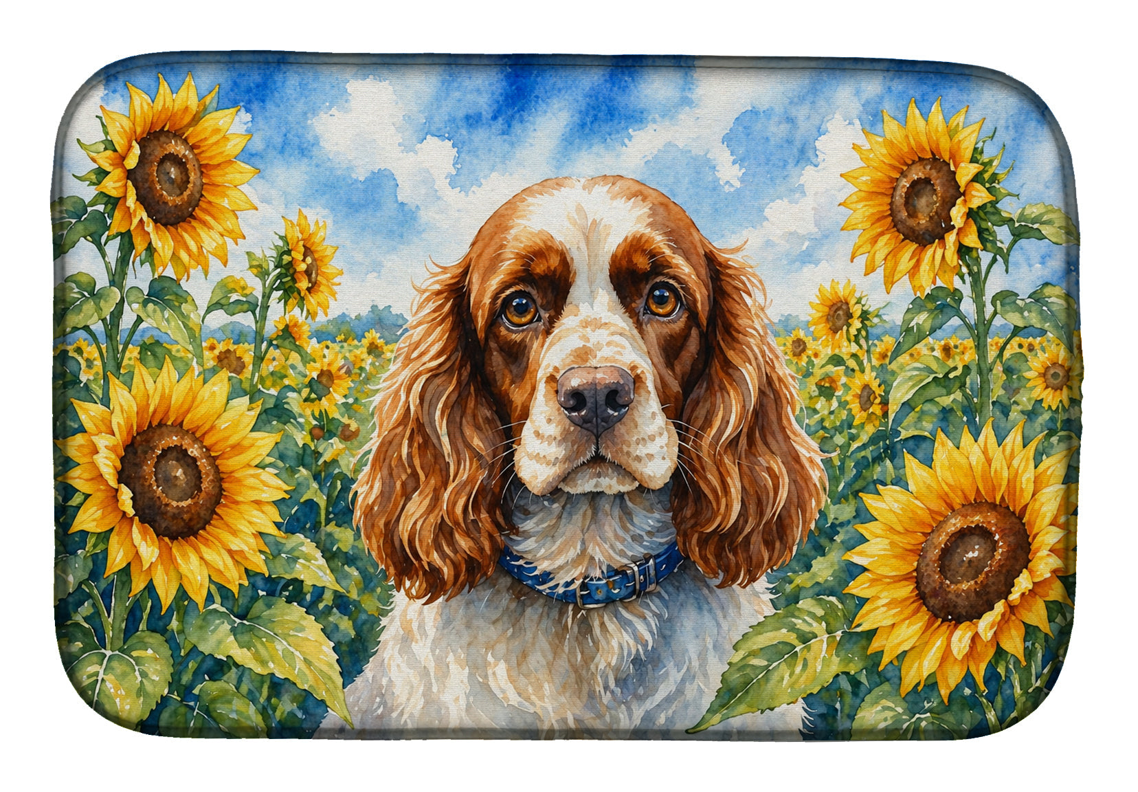 Cocker Spaniel in Sunflowers Dish Drying Mat Absorbent Dish Drying Mat Pad for Kitchen Counter Dish Drainer Mat for Countertop, 14 x 21", Multicolor