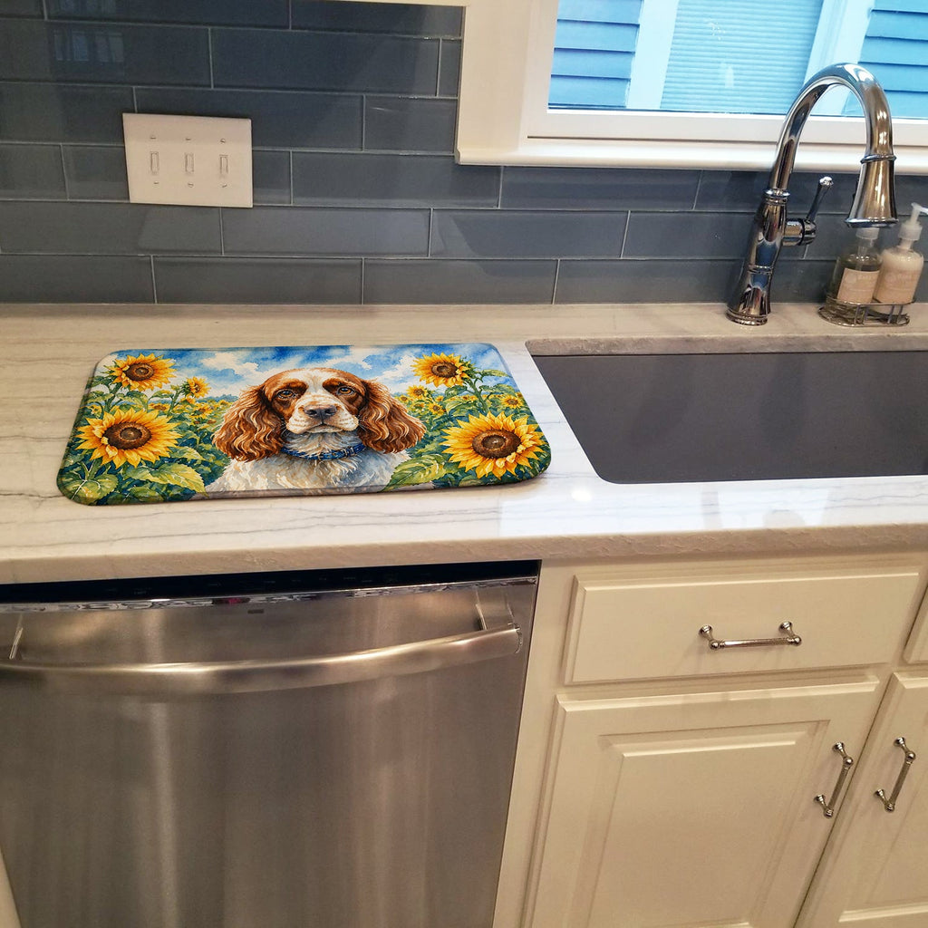 Cocker Spaniel in Sunflowers Dish Drying Mat Absorbent Dish Drying Mat Pad for Kitchen Counter Dish Drainer Mat for Countertop, 14 x 21", Multicolor