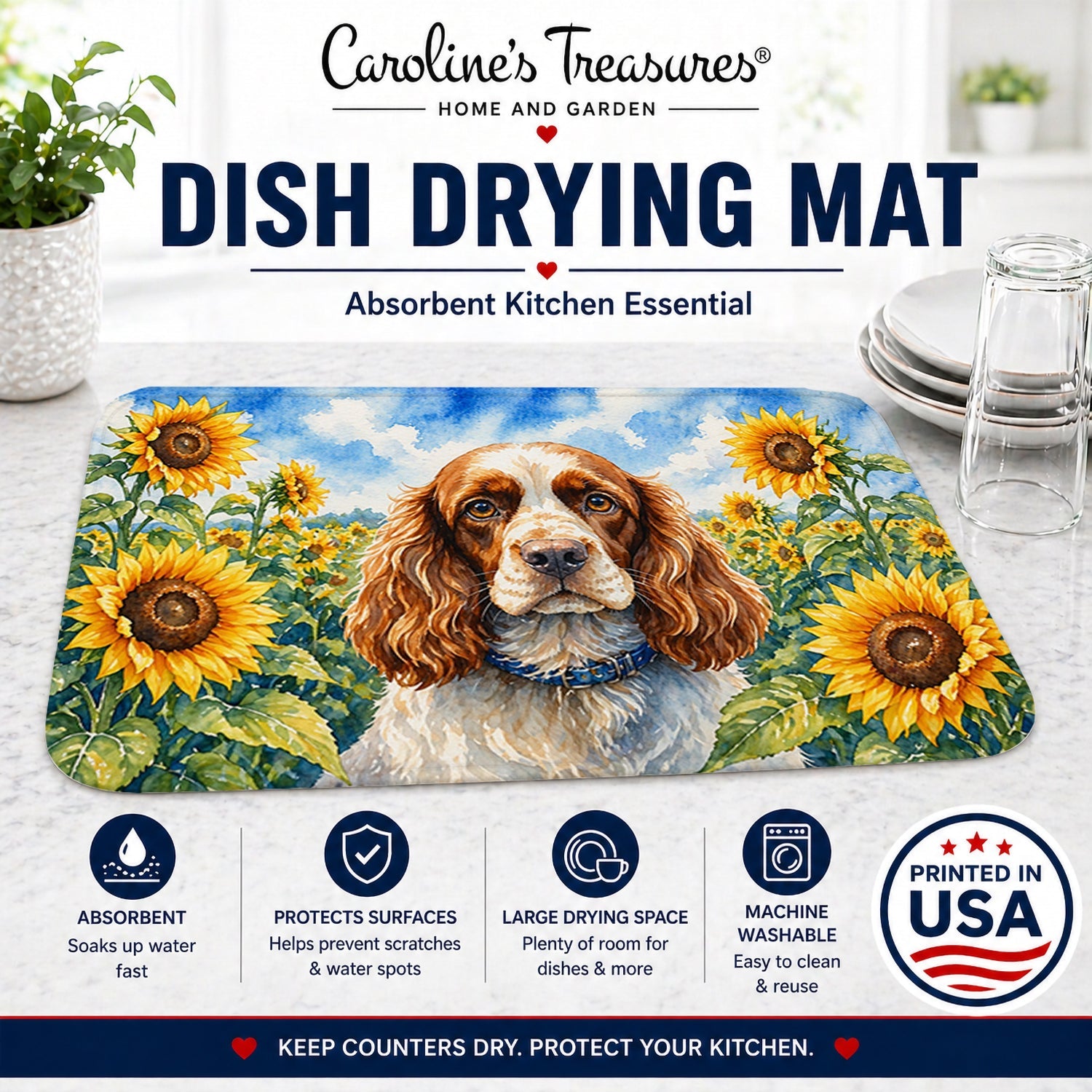 Cocker Spaniel in Sunflowers Dish Drying Mat Absorbent Dish Drying Mat Pad for Kitchen Counter Dish Drainer Mat for Countertop, 14 x 21", Multicolor