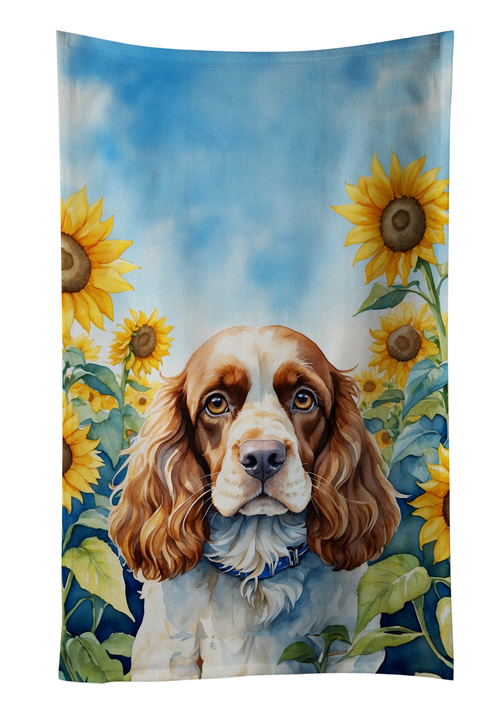 Cocker Spaniel in Sunflowers Kitchen Towel Velour Plush Front and Cotton Loop Back Machine Washable