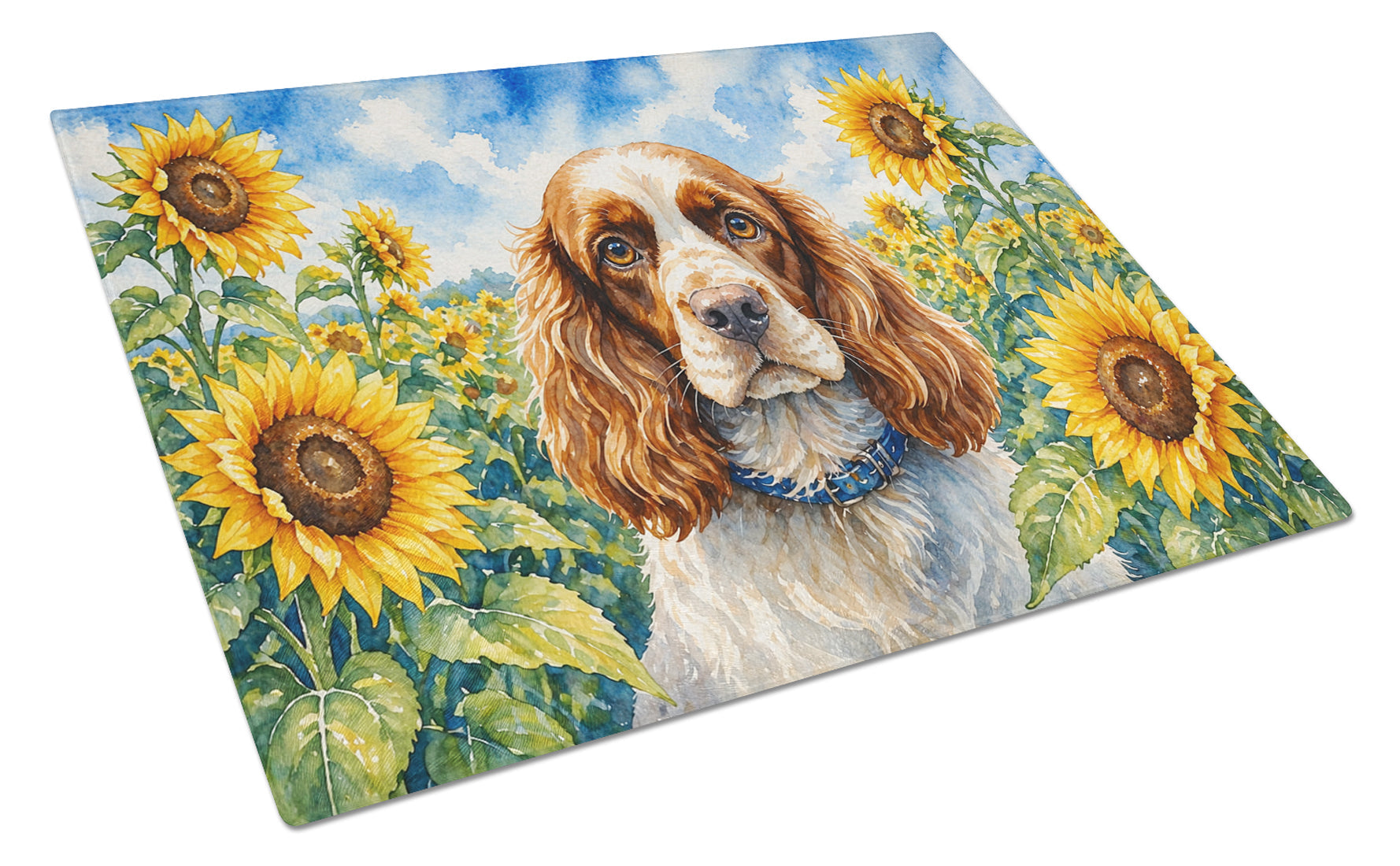 Cocker Spaniel in Sunflowers Cutting Board Tempered Glass Kitchen Cutting Surface, Heat Resistant Chopping Board with Non-Slip Feet, Decorative Food Prep & Serving