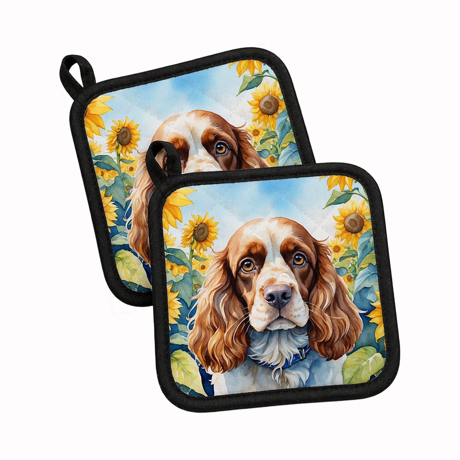 Cocker Spaniel in Sunflowers Pot Holder Set of 2 Heat Resistant Quilted Hot Pads 7.5 x 7.5 Inch, Insulated Kitchen Trivets for Cooking & Baking