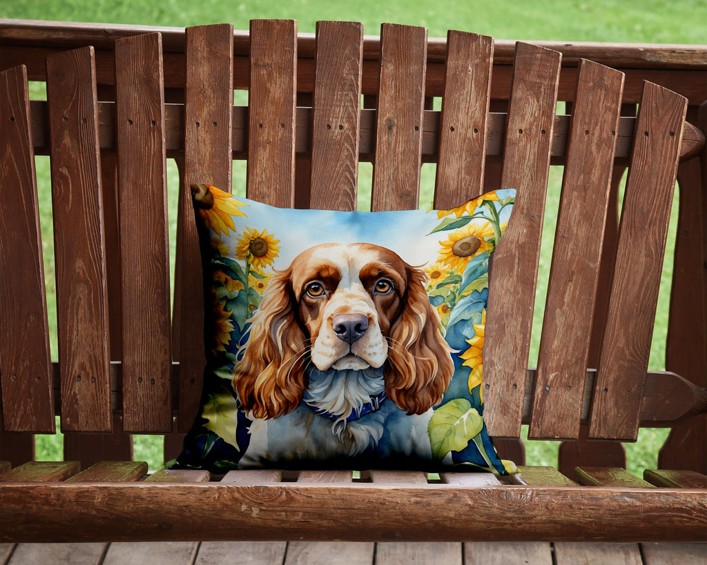 Cocker Spaniel in Sunflowers Decorative Throw Pillow 14x14 Indoor Outdoor Accent Cushion, Fabric Cover with Insert for Sofa, Bed, Porch & Living Room