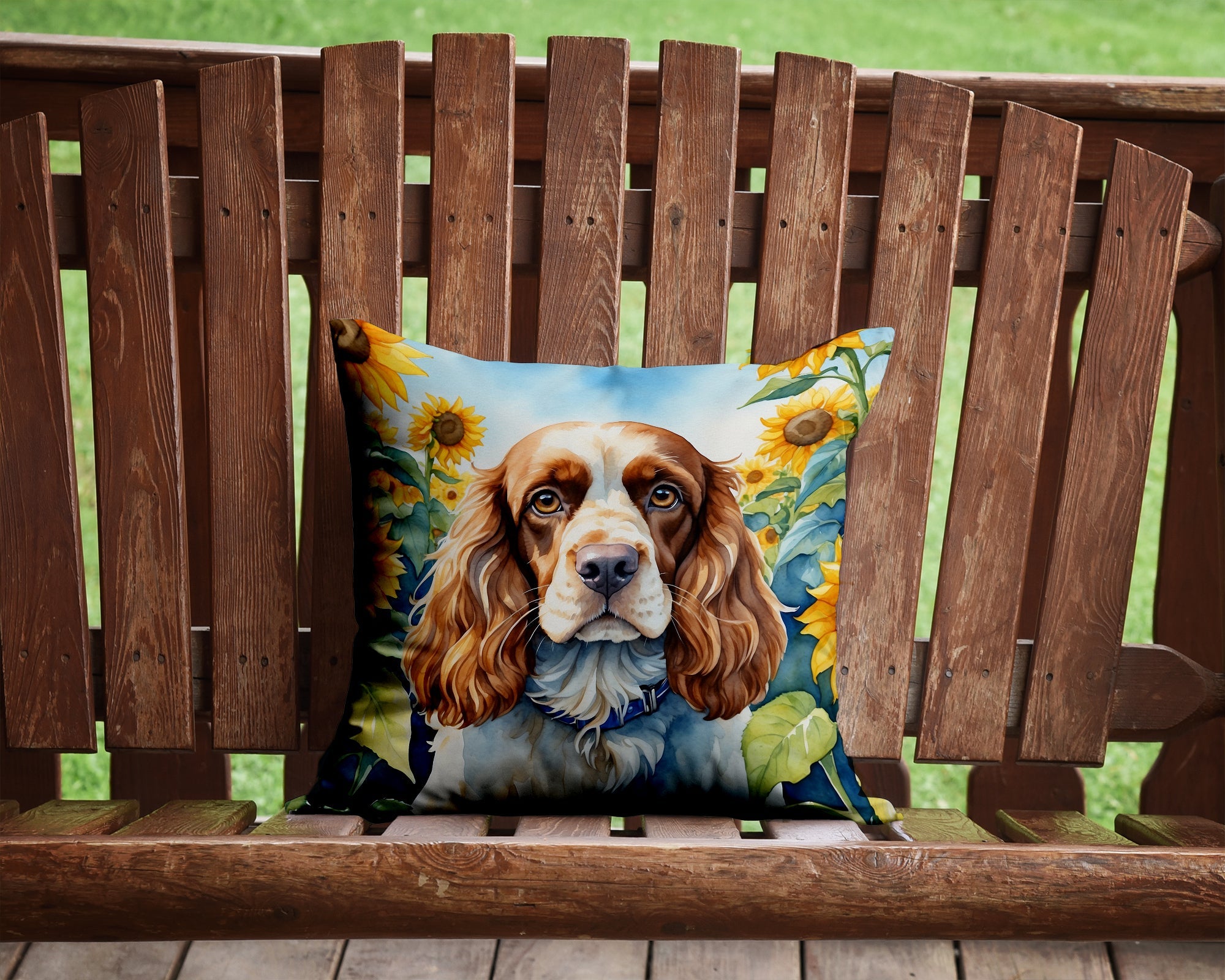 Cocker Spaniel in Sunflowers Decorative Throw Pillow 14x14 Indoor Outdoor Accent Cushion, Fabric Cover with Insert for Sofa, Bed, Porch & Living Room