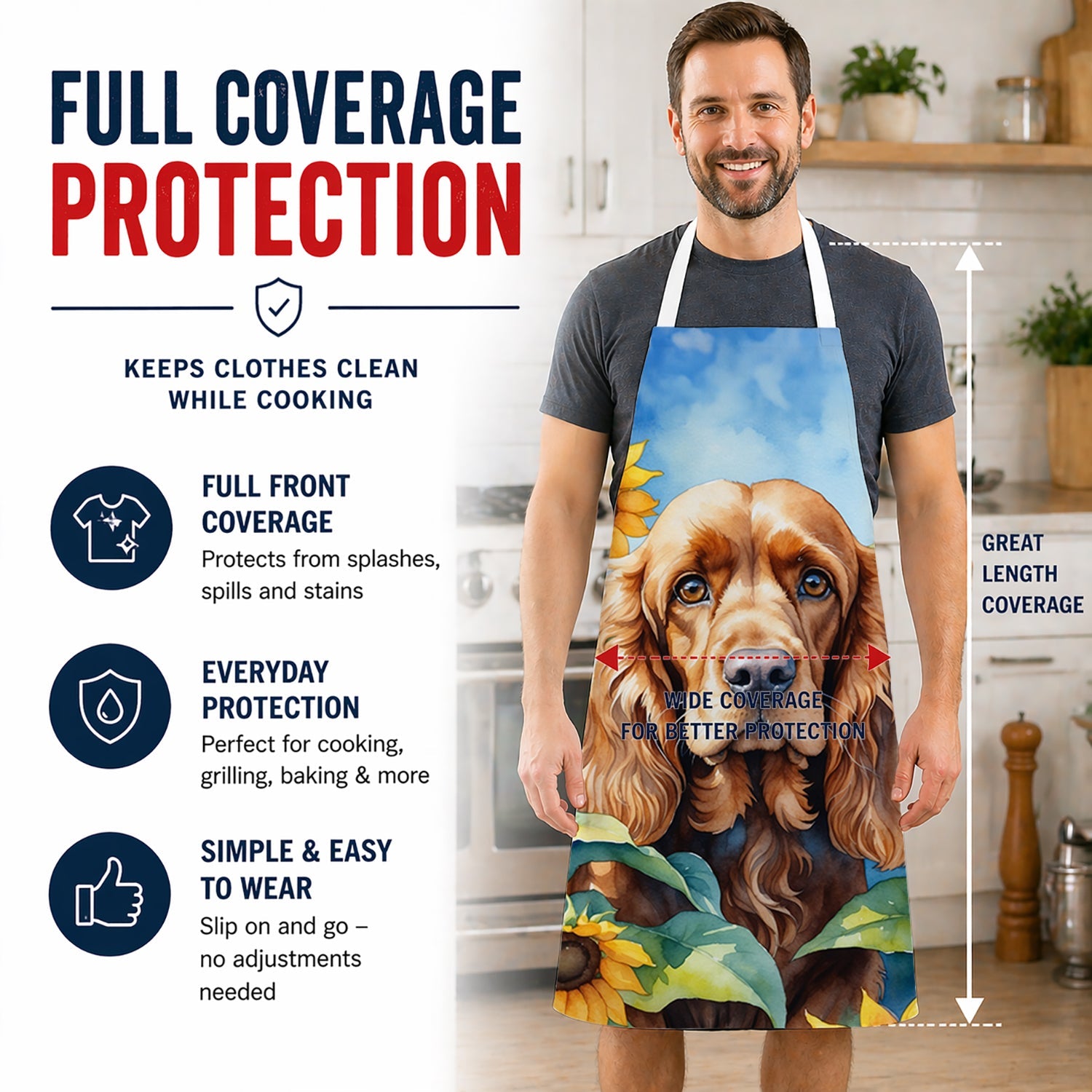 Cocker Spaniel in Sunflowers Apron Cooking Kitchen Server Baking Crafts Gardening for Adult Women Men, Unisex, Large, Multicolor