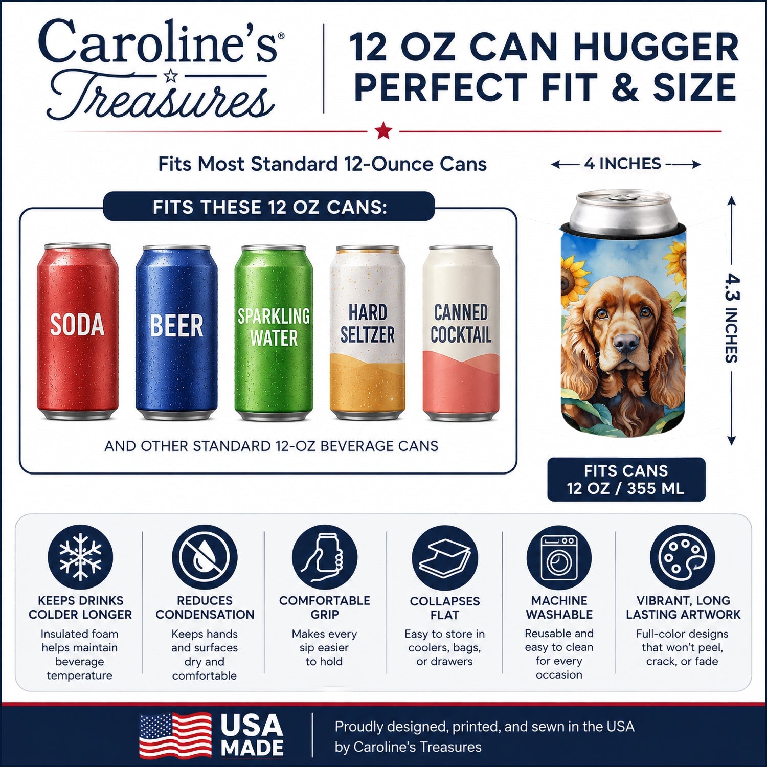Cocker Spaniel in Sunflowers Can or Bottle Hugger Cooler Sleeve for Standard 12 oz Cans, Insulated Foam Beer & Soda Can Hugger Reusable