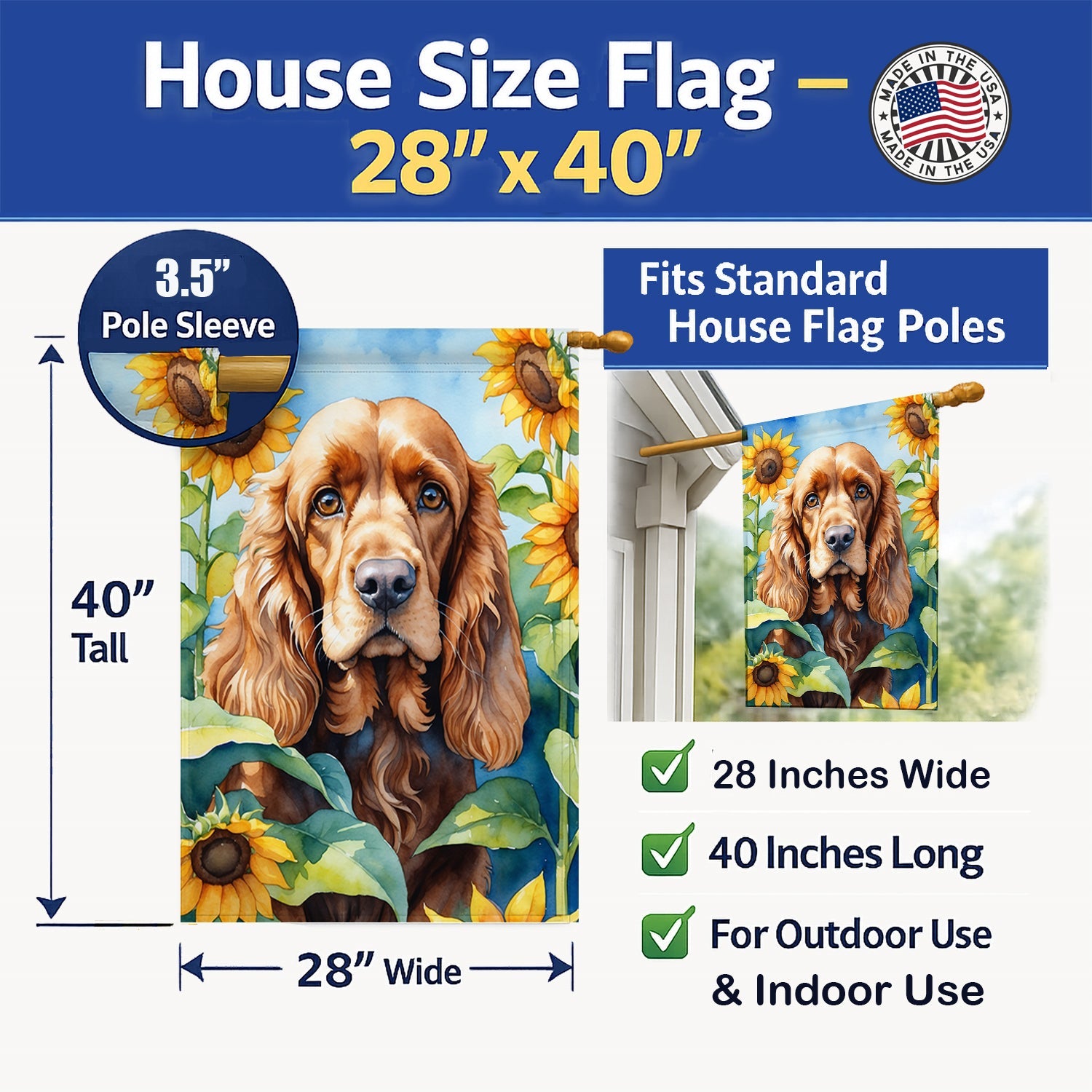 Cocker Spaniel in Sunflowers House Flag 28x40 Porch Sleeve Pole Decorative Outside Yard Banner Artwork Wall Hanging, Polyester