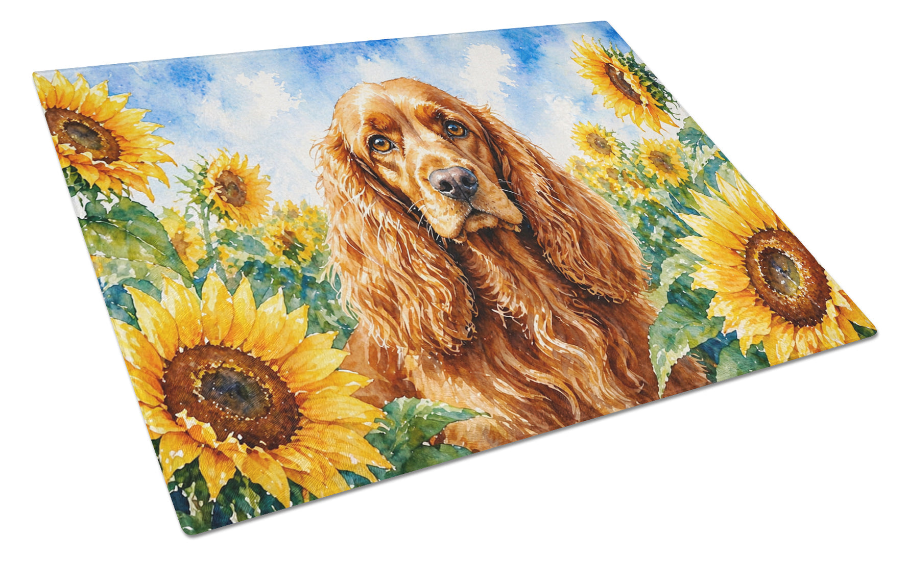 Cocker Spaniel in Sunflowers Cutting Board Tempered Glass Kitchen Cutting Surface, Heat Resistant Chopping Board with Non-Slip Feet, Decorative Food Prep & Serving