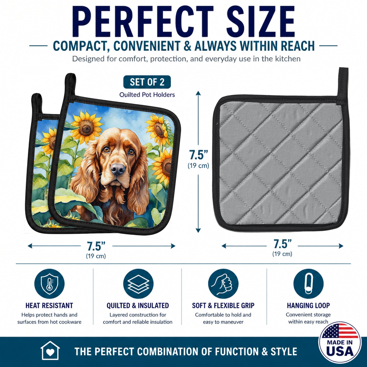 Cocker Spaniel in Sunflowers Pot Holder Set of 2 Heat Resistant Quilted Hot Pads 7.5 x 7.5 Inch, Insulated Kitchen Trivets for Cooking & Baking