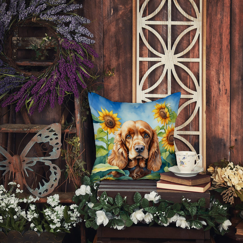 Cocker Spaniel in Sunflowers Decorative Throw Pillow 14x14 Indoor Outdoor Accent Cushion, Fabric Cover with Insert for Sofa, Bed, Porch & Living Room