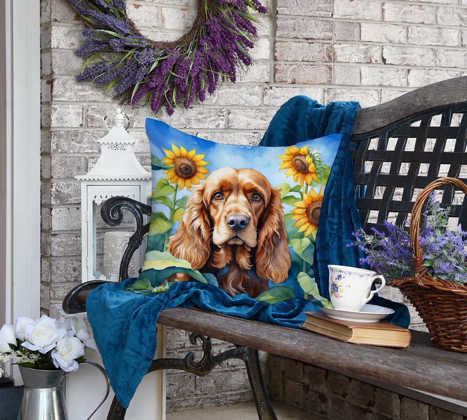 Cocker Spaniel in Sunflowers Decorative Throw Pillow 18x18 Indoor Outdoor Accent Cushion, Fabric Cover with Insert for Sofa, Bed, Porch & Living Room