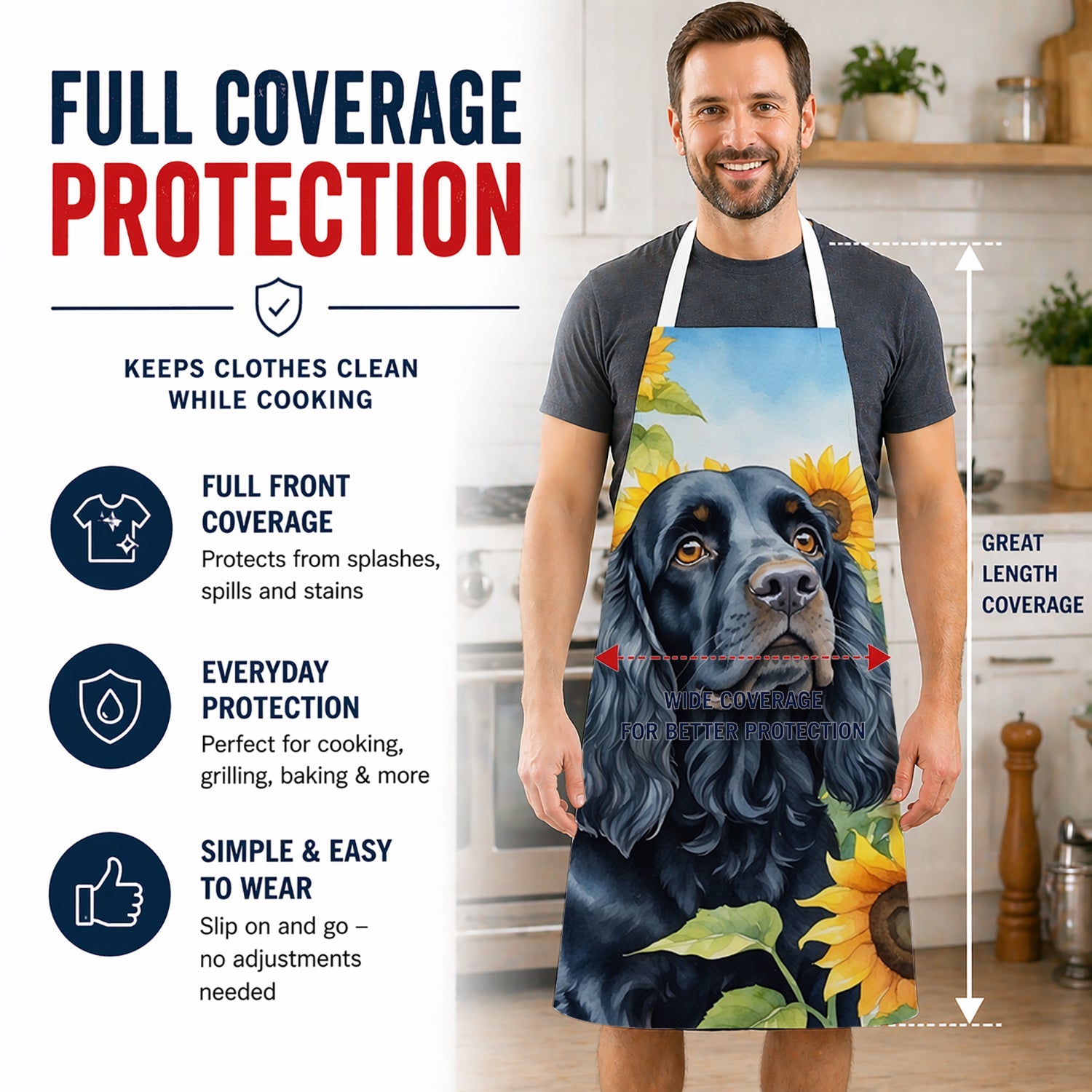 Cocker Spaniel in Sunflowers Apron Cooking Kitchen Server Baking Crafts Gardening for Adult Women Men, Unisex, Large, Multicolor