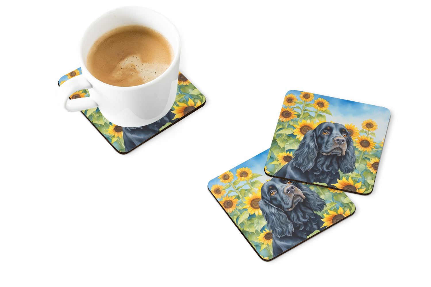 Cocker Spaniel in Sunflowers Foam Coasters Set of 4 Cup Coasters for Indoor Outdoor, Tabletop Protection, Anti Slip, Mouse pad Material