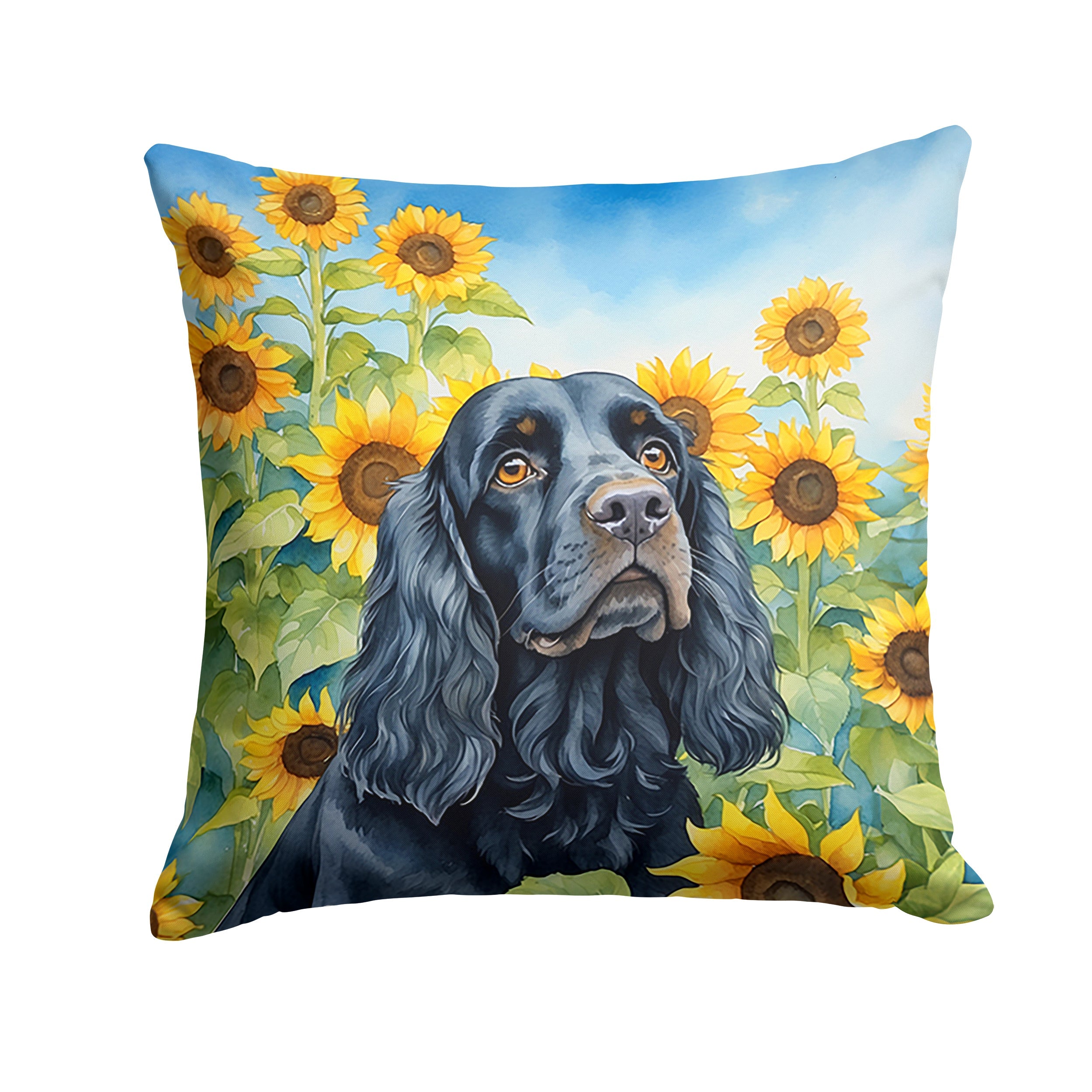 Cocker Spaniel in Sunflowers Decorative Throw Pillow 14x14 Indoor Outdoor Accent Cushion, Fabric Cover with Insert for Sofa, Bed, Porch & Living Room