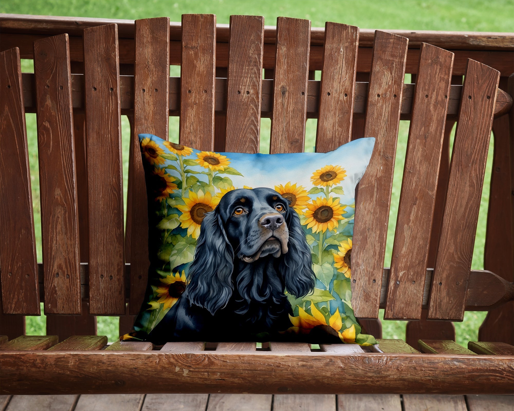 Cocker Spaniel in Sunflowers Decorative Throw Pillow 14x14 Indoor Outdoor Accent Cushion, Fabric Cover with Insert for Sofa, Bed, Porch & Living Room