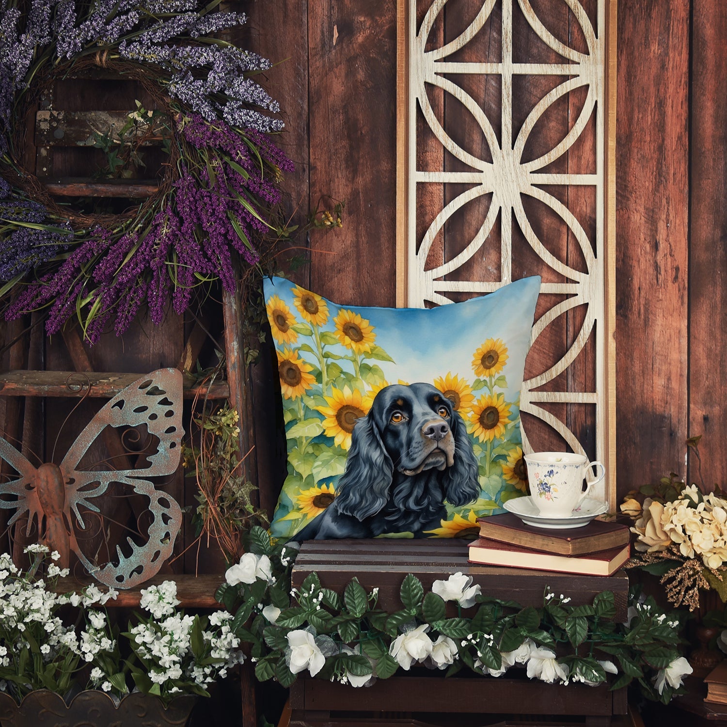 Cocker Spaniel in Sunflowers Decorative Throw Pillow 14x14 Indoor Outdoor Accent Cushion, Fabric Cover with Insert for Sofa, Bed, Porch & Living Room