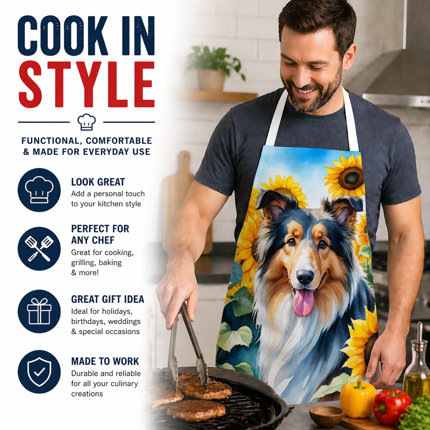 Collie in Sunflowers Apron Cooking Kitchen Server Baking Crafts Gardening for Adult Women Men, Unisex, Large, Multicolor