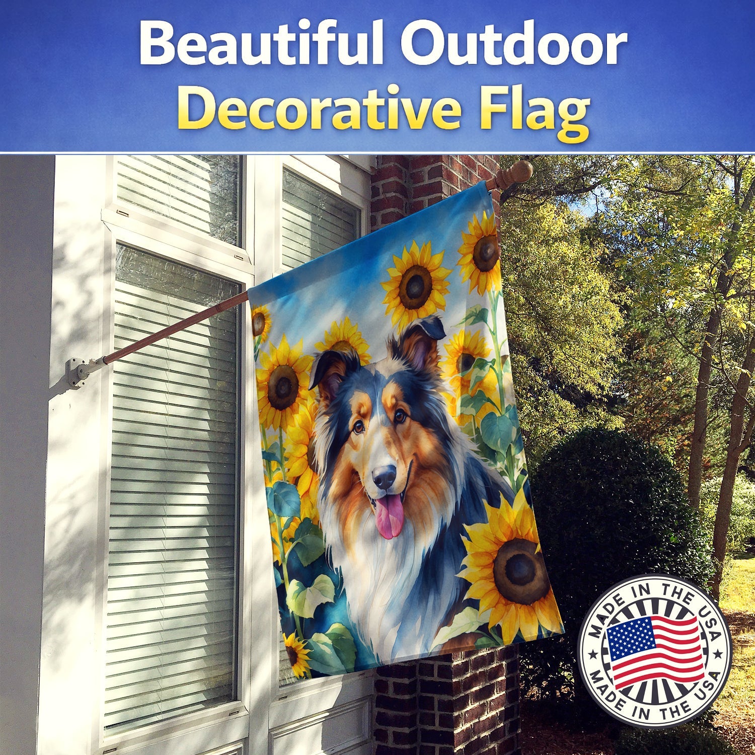 Collie in Sunflowers House Flag 28x40 Porch Sleeve Pole Decorative Outside Yard Banner Artwork Wall Hanging, Polyester