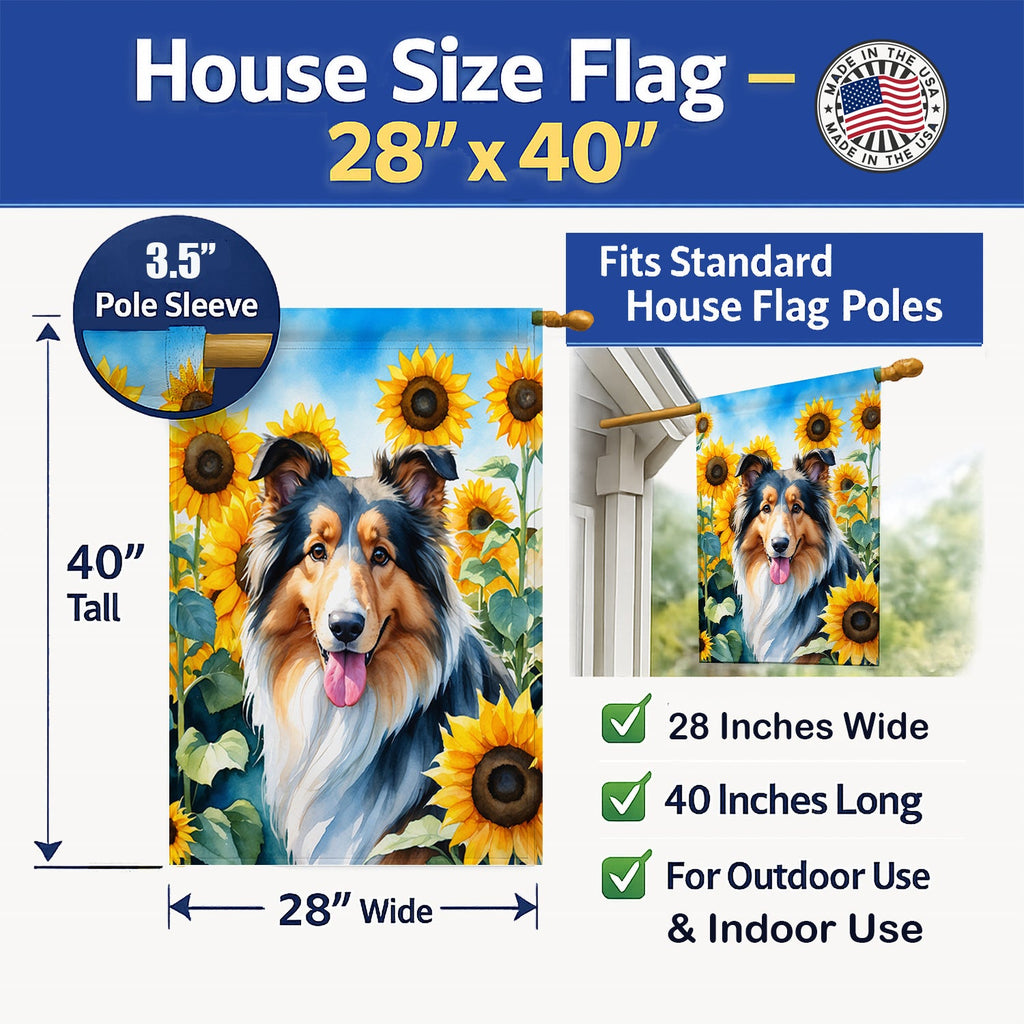 Collie in Sunflowers House Flag 28x40 Porch Sleeve Pole Decorative Outside Yard Banner Artwork Wall Hanging, Polyester